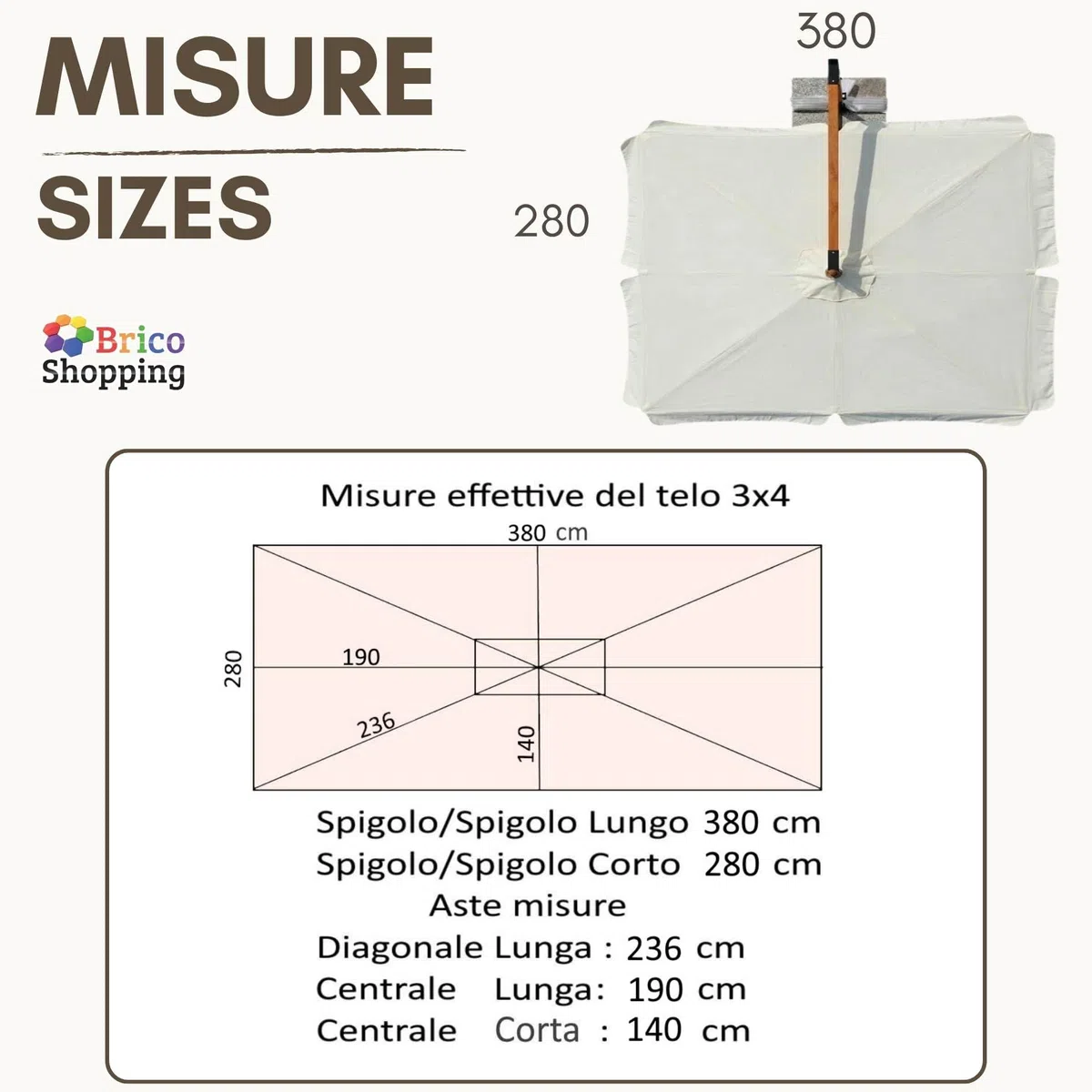 BricoShopping® Telo Ricambio Ombrellone Decentrato 3x4 m Impermeabile 250 gr/mq con Airvent, Copertura 280x380 cm con Tasche per Ombrellone a Braccio 8 Stecche in Legno