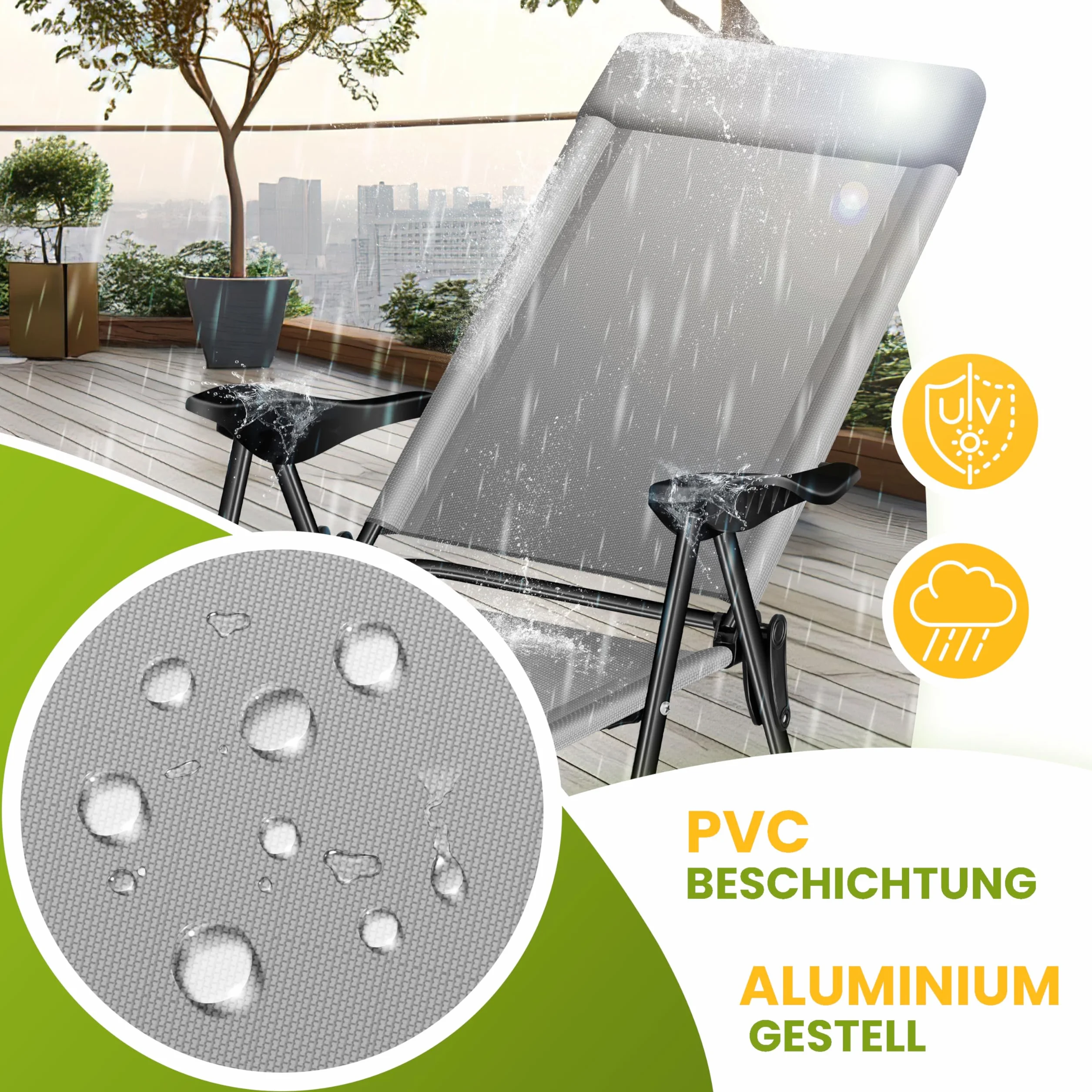 KESSER® Set di 2 sedie da Giardino, Sedia Pieghevole in Alluminio con Schienale Alto Regolabile in 7 direzioni con braccioli, Sedia da Balcone, Sedia da Campeggio Pieghevole Traspirante