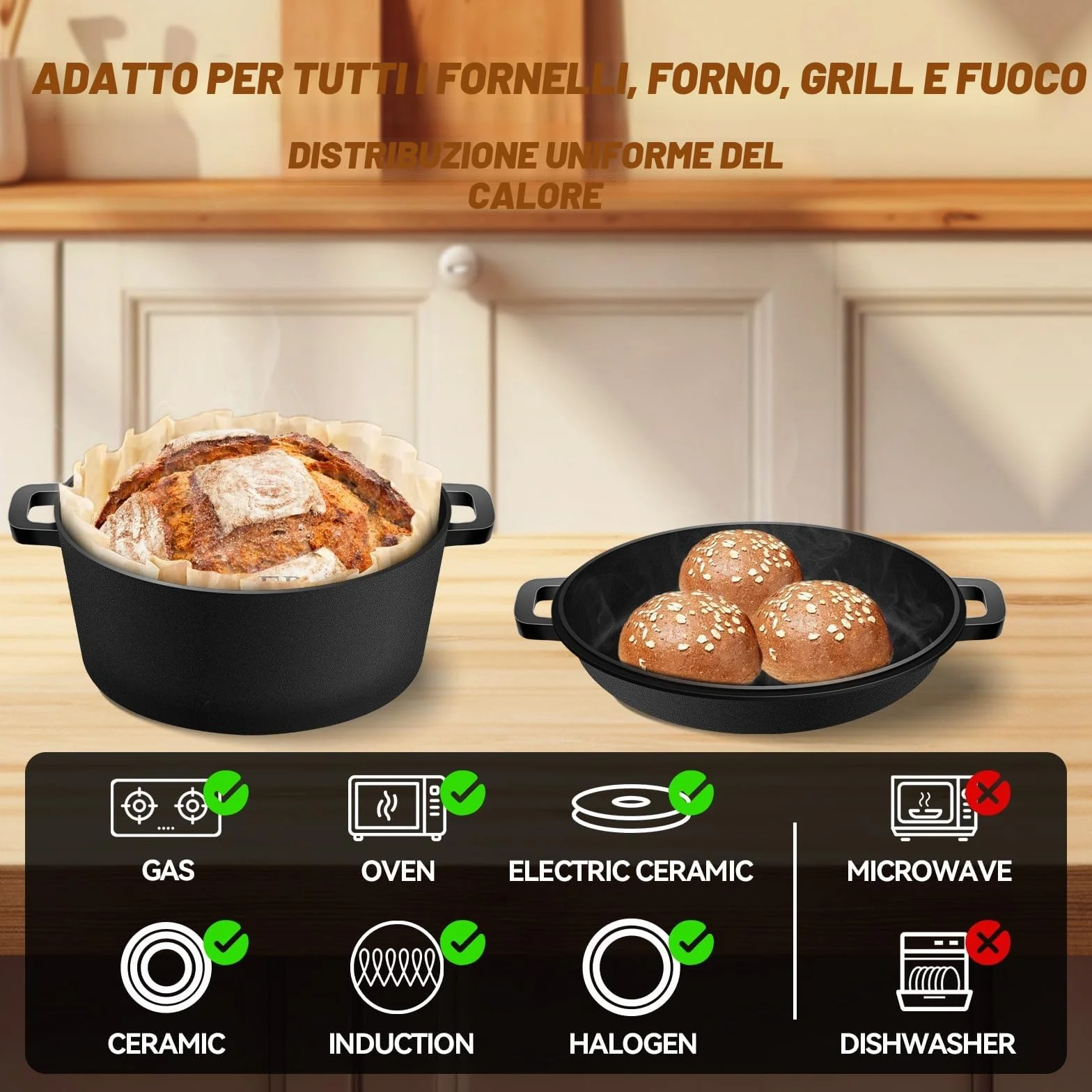 Pentola in ghisa olandese NZQXJXZ per la cottura del pane, casseruola con coperchio, fornelli, 2 in 1 con padella, 5QT