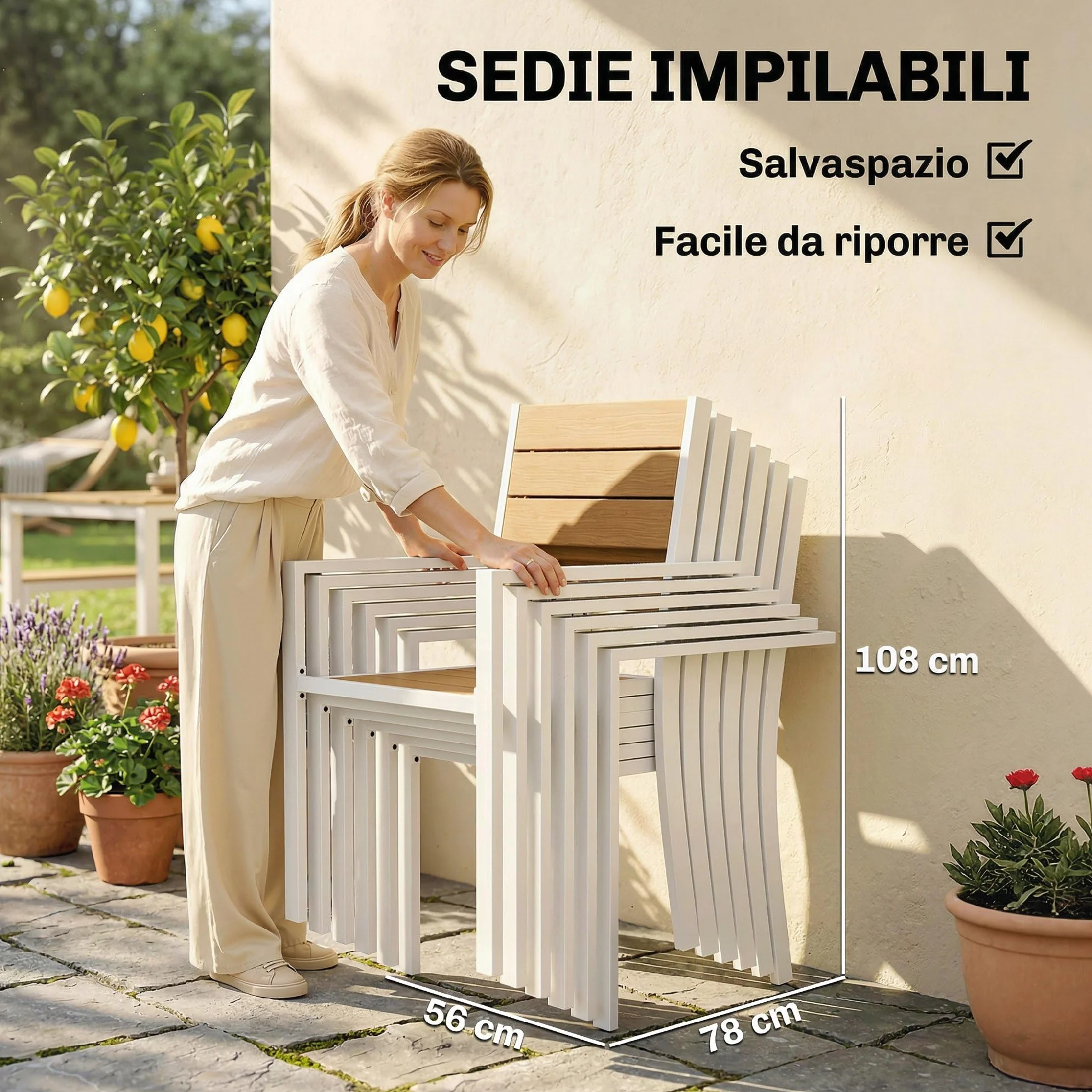 Outsunny Set Tavolo e Sedie da Giardino 7 Pezzi, Alluminio, 6 Sedie Impilabili, Tavolo Effetto Legno, Teak