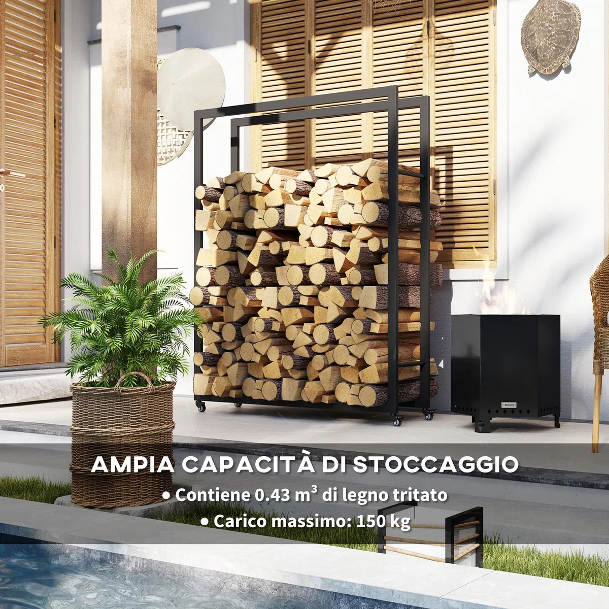 Outsunny Scaffale Portalegna da Esterno e Interno con Ruote, Legnaia in Metallo Rinforzato, 0.43m³, 120x32x151cm, Nero