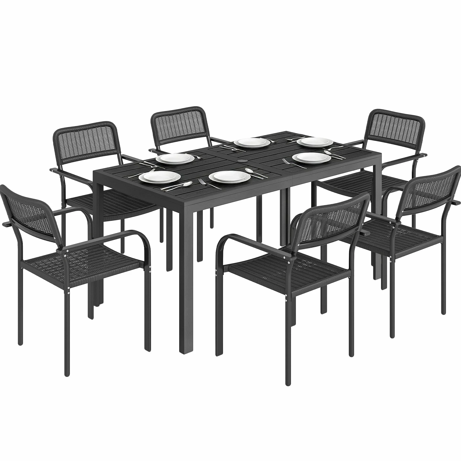 Outsunny Set Tavolo e Sedie da Giardino 7 Pezzi, Set da Pranzo Esterno con 6 Sedie Impilabili in Plastica Finto Rattan e Tavolo in Metallo Effetto Legno, Nero