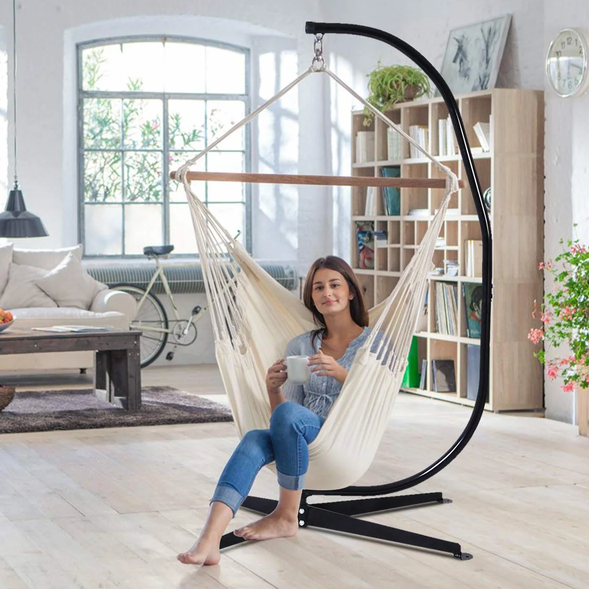 GOPLUS Sostegno per Sedia Sospesa 205cm Acciaio Carico 150kg Nero