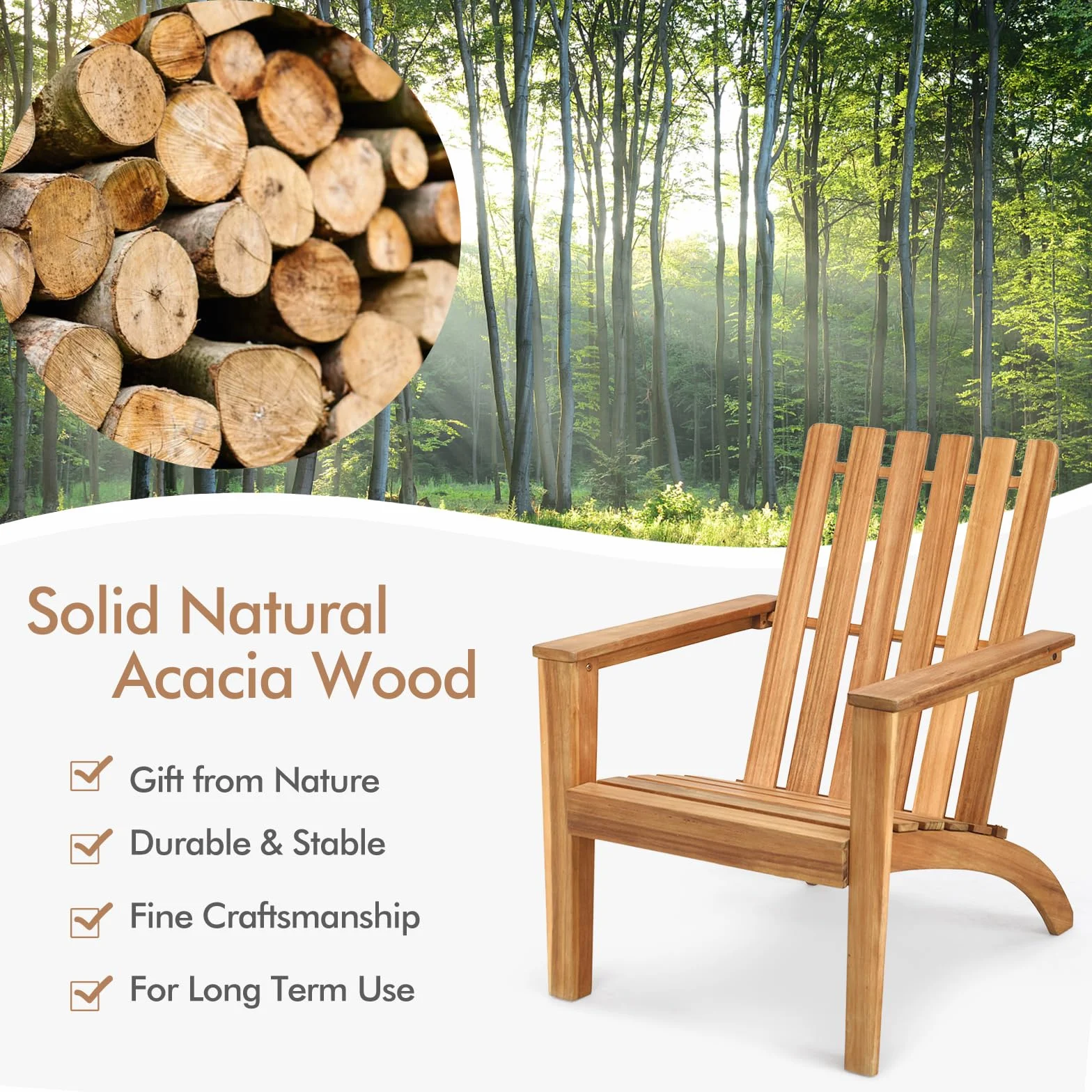 KOMFOTTEU Adirondack - Sedia da giardino in legno di acacia, con schienale e braccioli, ergonomica, da giardino fino a 160 kg, per balcone, giardino, spiaggia (naturale)