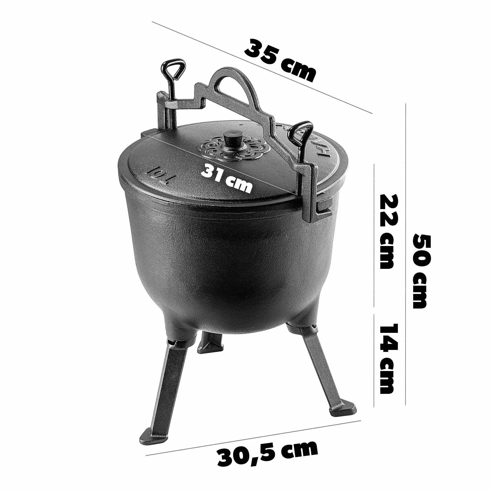 KADAX Jagdkessel 10L - Marmitta in Ghisa con Piedi | Pentola in Ghisa per Cucinare | Dutch Oven per Giardino, Focolare, Campeggio, Barbecue | Con Coperchio