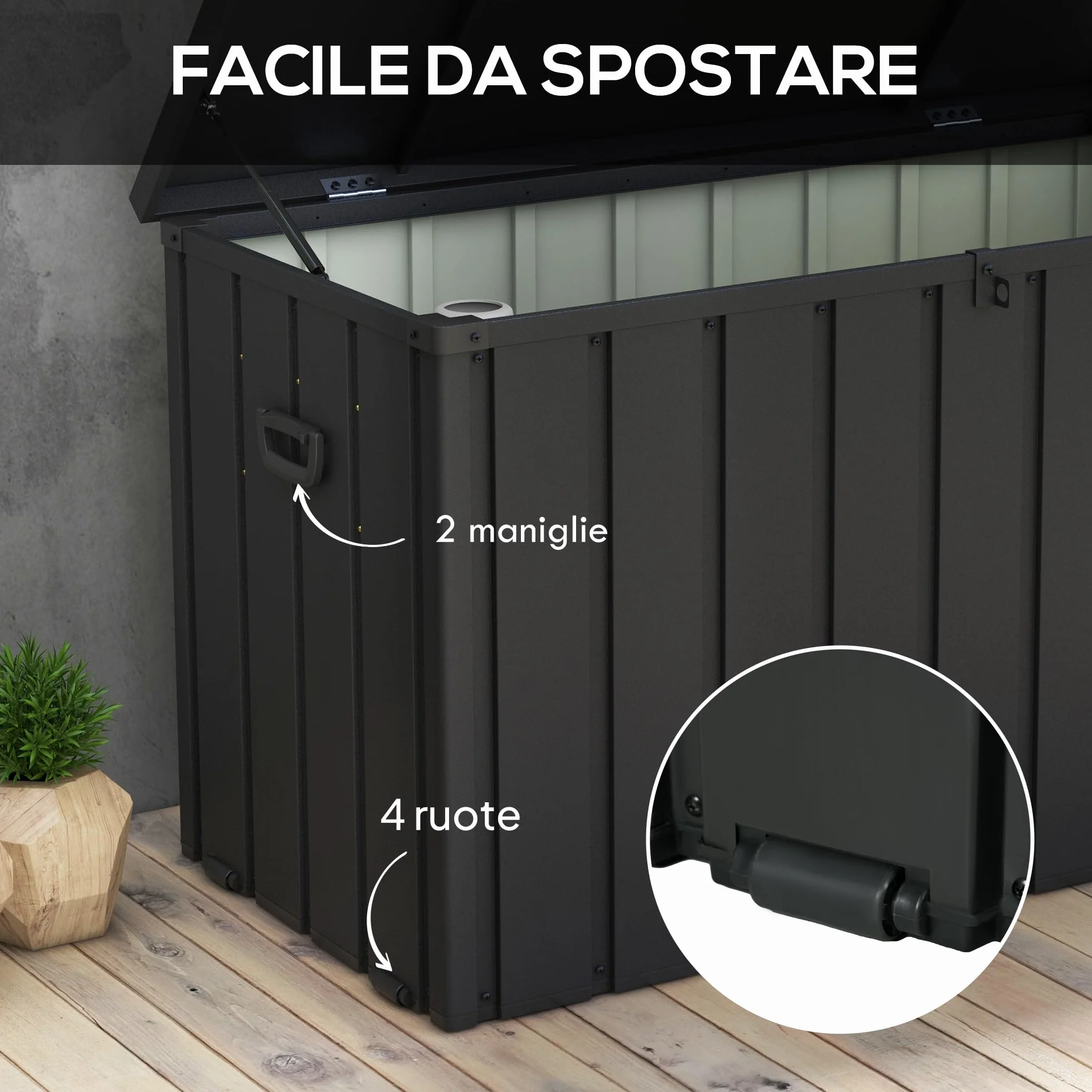 Outsunny Panca Contenitore da 450L con 4 Rotelle, Acciaio e PP, 125.5x61.5x70 cm, Grigio Scuro