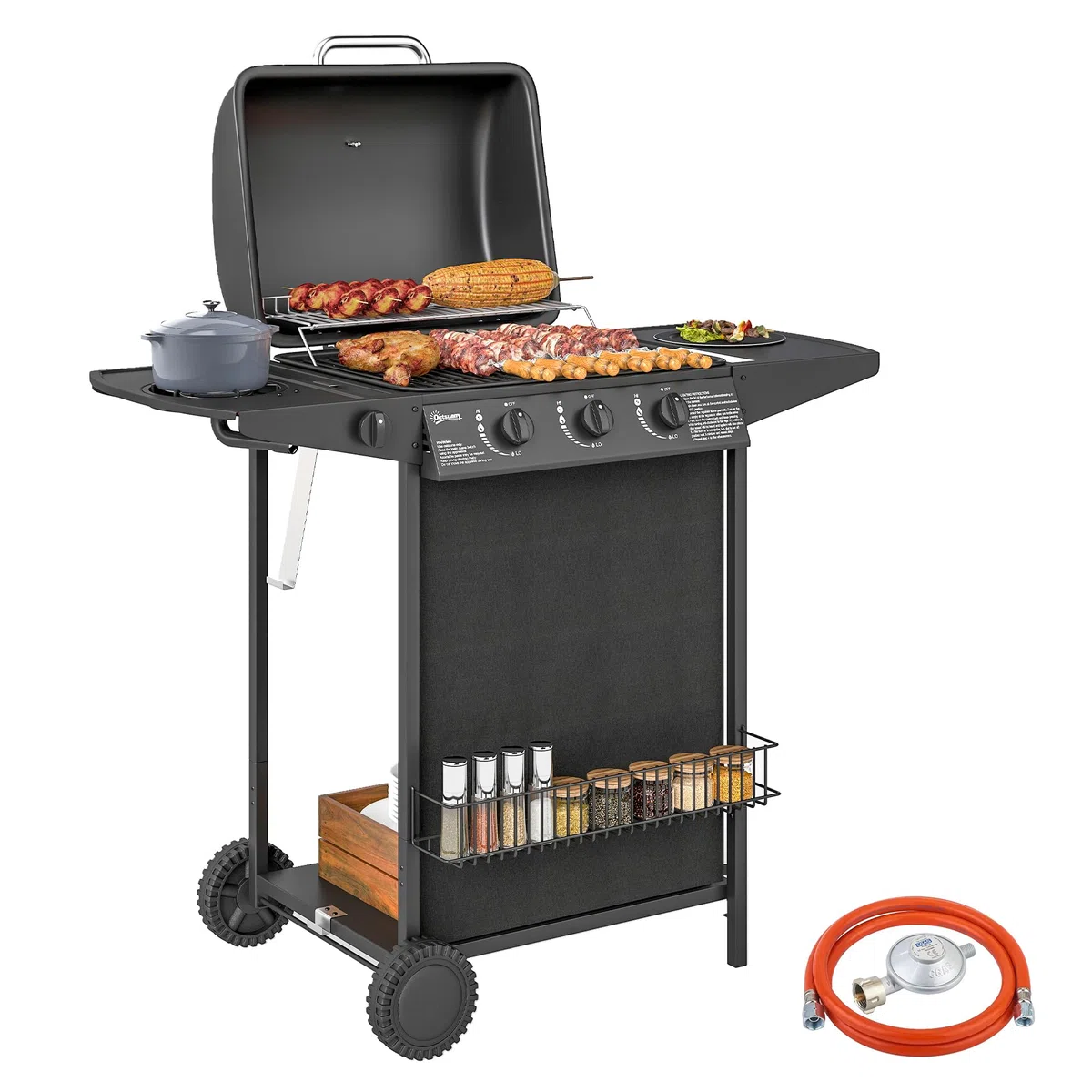 Outsunny Barbecue a Gas 4 Bruciatori 9.5kW con Coperchio Termometro Ruote Nero
