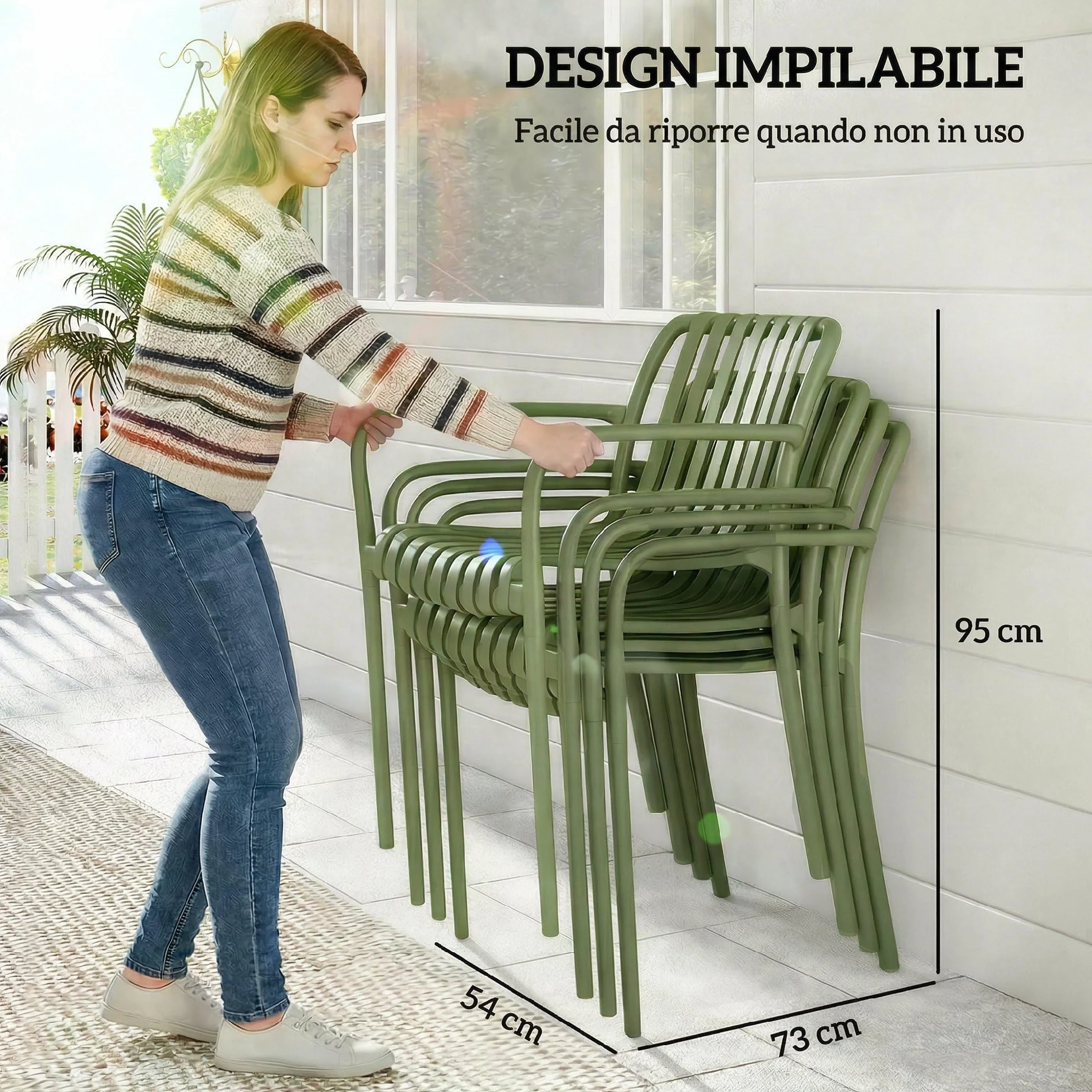 Outsunny Set 4 Sedie da Giardino Impilabili in PP Anti UV, Sedie per Esterno con Schienale Ergonomico, 55x58.5x81.5 cm, Verde