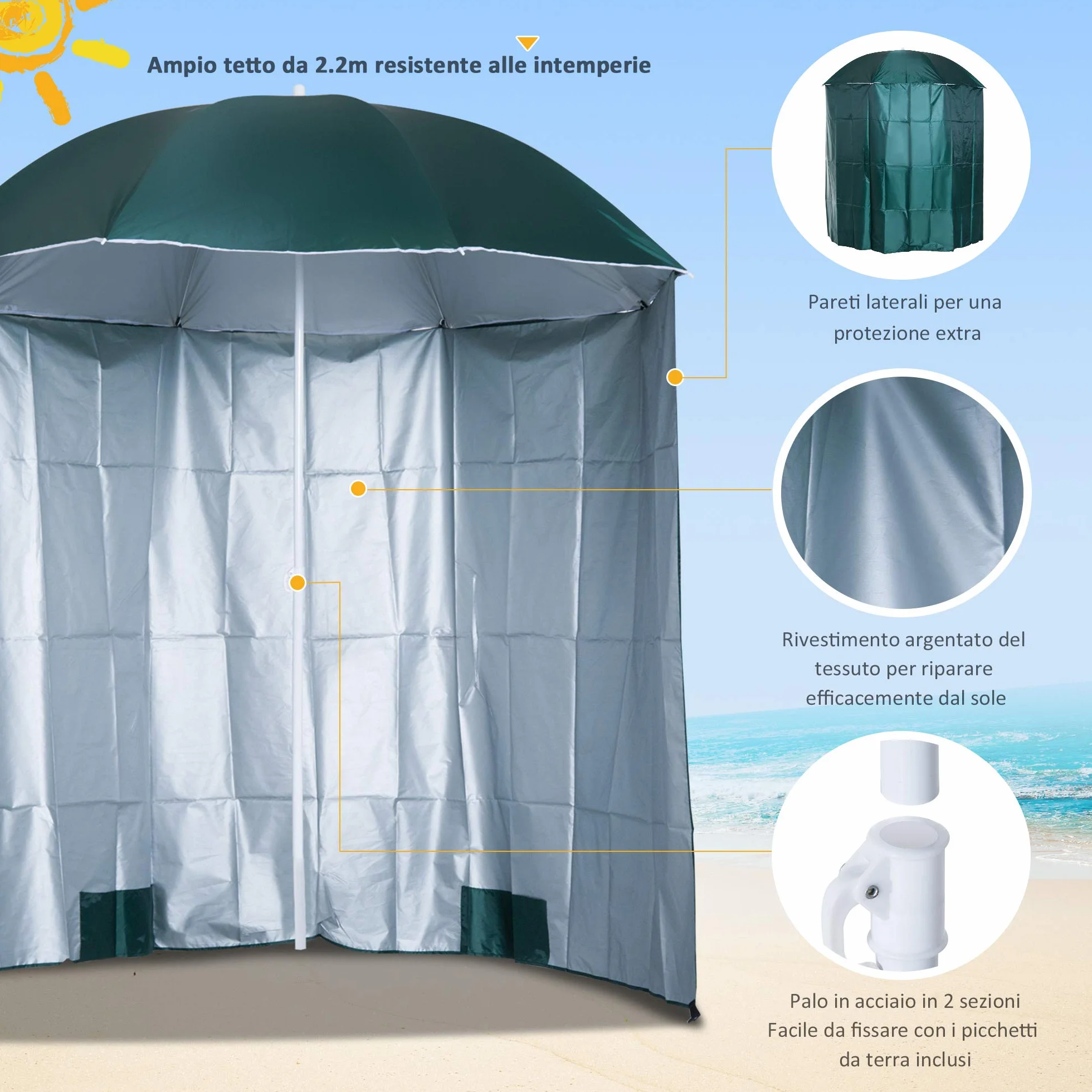 Outsunny Ombrellone da Spiaggia Ø2.2x2.2 m con Tendina Laterale, Sacchi per Sabbia e Picchetti
