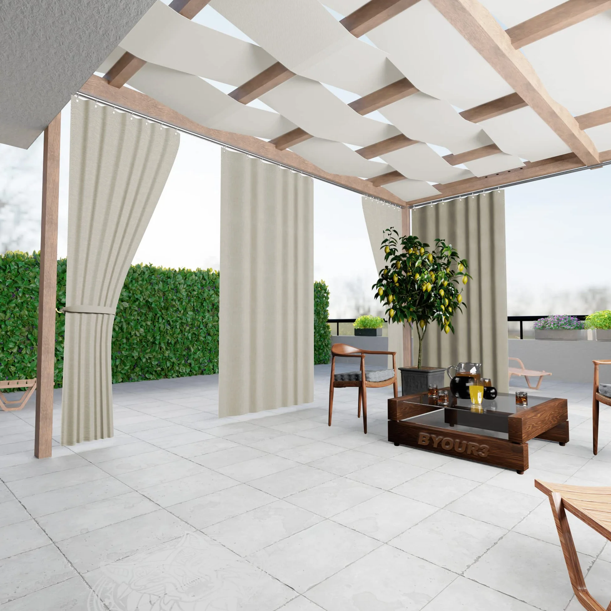 Byour3 -Tende Impermeabili per Esterno con Anelli in Metallo A Caduta Antimuffa - Tende Laterali Gazebo Oscuranti Tenda Parasole per Terrazzo Balcone Tela Solare Frangivista (Naturale, L.150x290H)