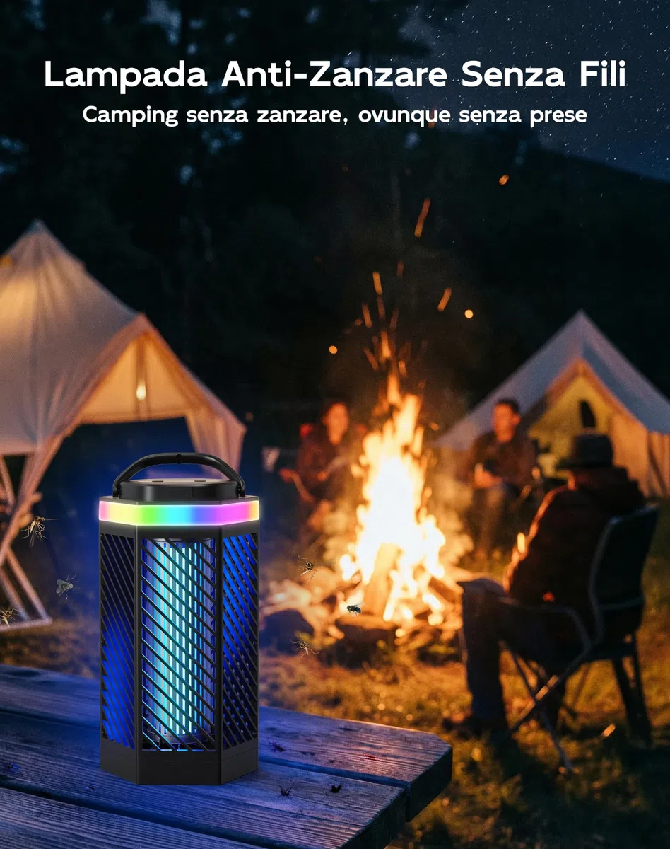 Lampada Antizanzare Elettrica Ricaricabile 8000mAh, Ammazza Zanzare 3 in 1 con Luce LED e RGB, 2000V Trappola per Insetti da Esterno e Interno, IPX4 Impermeabile per Casa, Camping