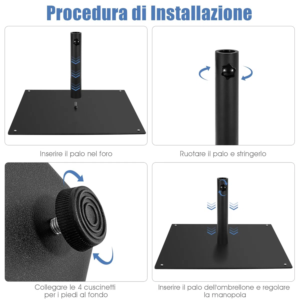 COSTWAY Base per Ombrellone Quadrata 50 cm, 16 kg con 4 Piedini Regolabili, Adattatori da 4cm/5cm, Supporto Ombrellone Installazione Veloce, per Patio Piscina (Nero)