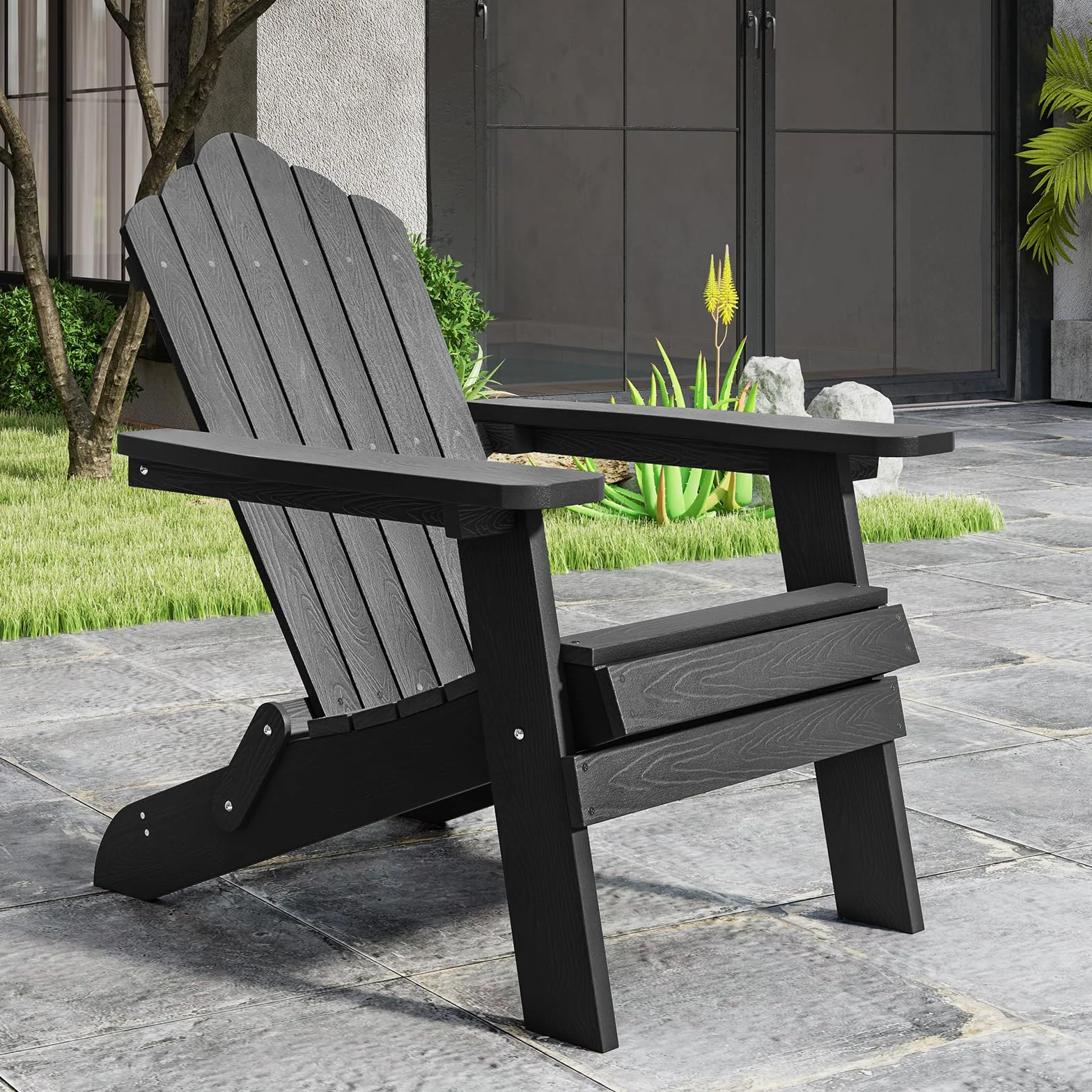 KOMFOTTEU Adirondack - Sedia pieghevole, sedia da giardino con schienale inclinato e braccioli larghi, poltrona ergonomica con carico di 180 kg, seduta esterna per balcone, terrazza (nero)