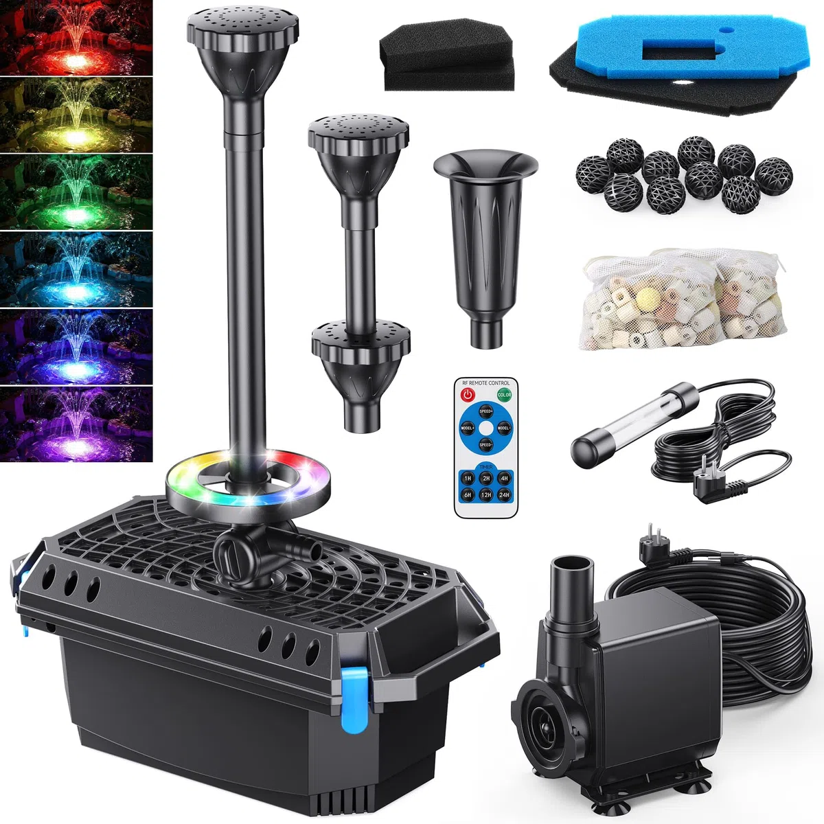 Pompa filtro per laghetto 40W 2500L/H UV RGB 3 fontane fino a 3600 litri