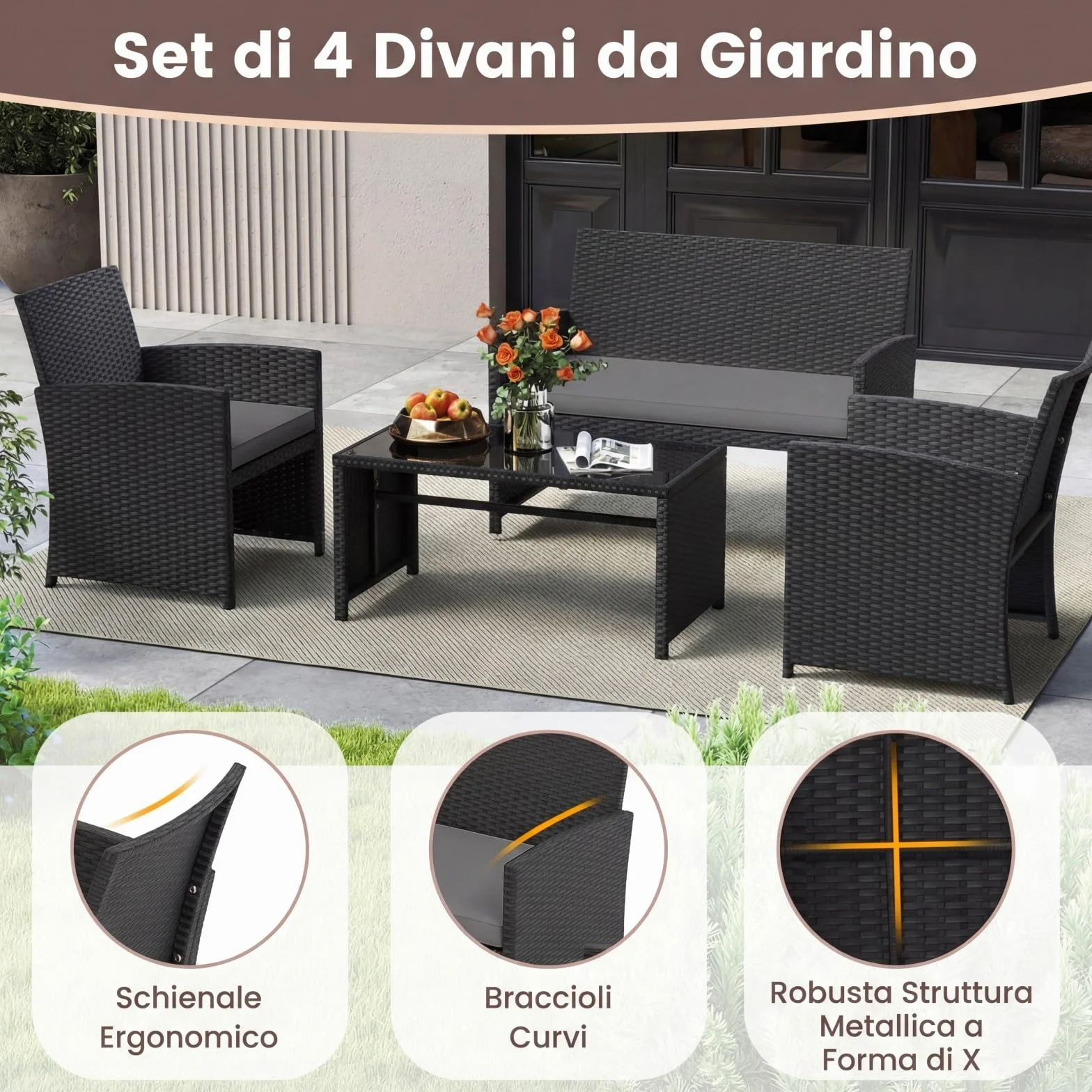 COSTWAY Set Salotto da Giardino 4 Pezzi, Divanetto e Poltrone in Rattan con Tavolino da Caffè in Vetro Temperato, Grigio