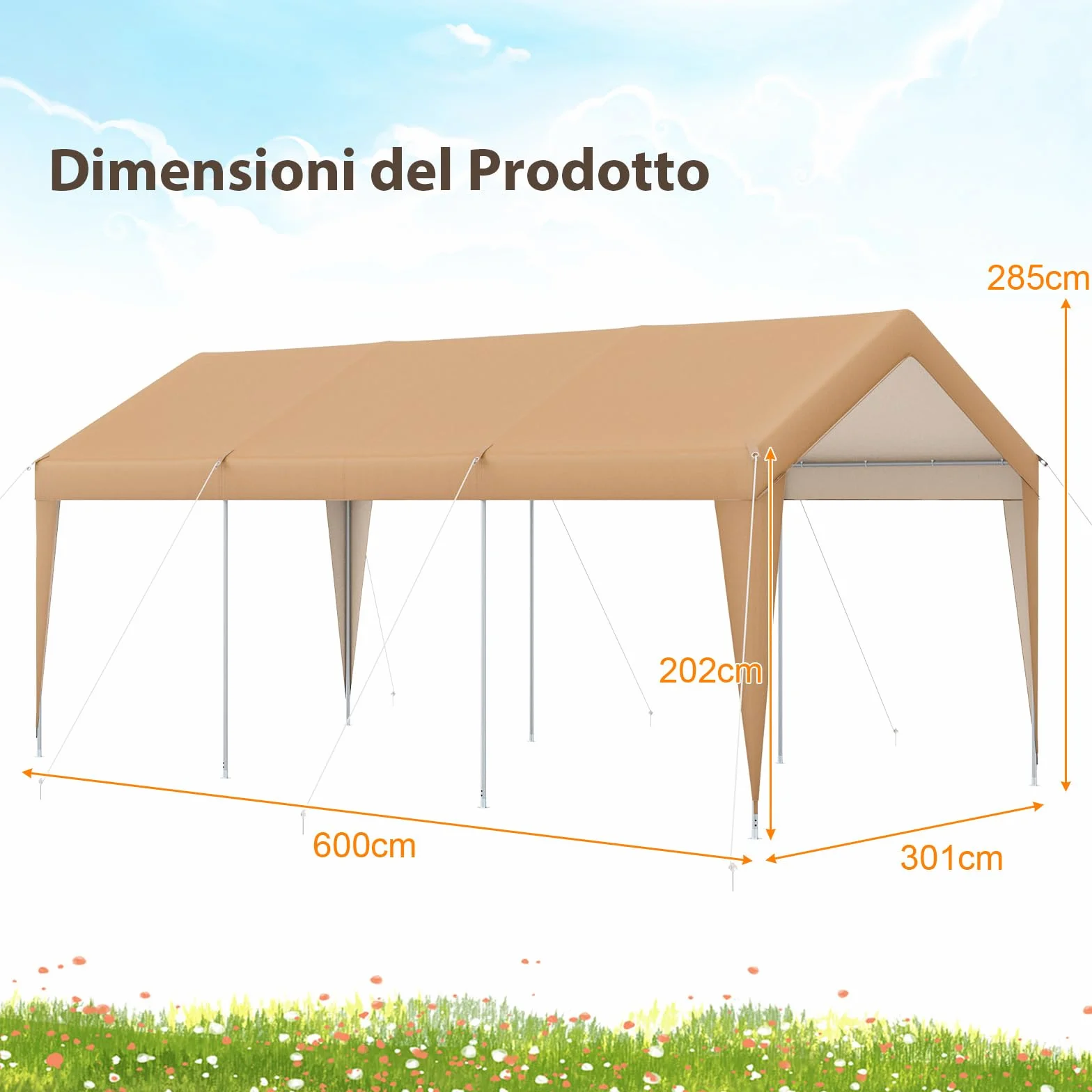 COSTWAY Gazebo Tenda per Posto Auto da Esterno, Tendone Garage per Auto, Carport Tenda Impermeabile in Metallo, 301 x 600 x 285 cm