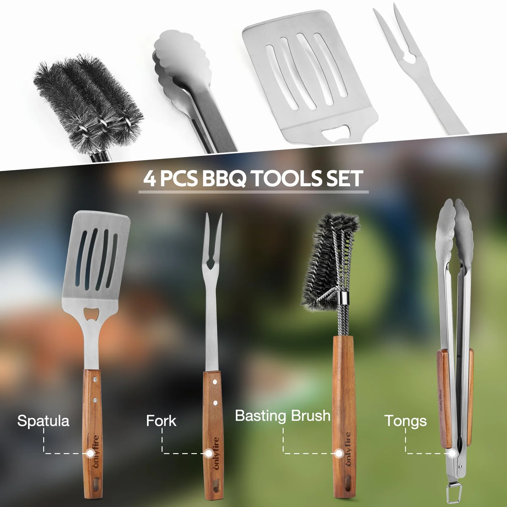 onlyfire Set di Attrezzi per Il Barbecue da 4 Pezzi, Spatola per Piastra Forata, Pinze da Cucina, Forchetta per Grill e Spazzola per Barbecue, Utensili Professionali per Grigliate e Cucina All'aperto
