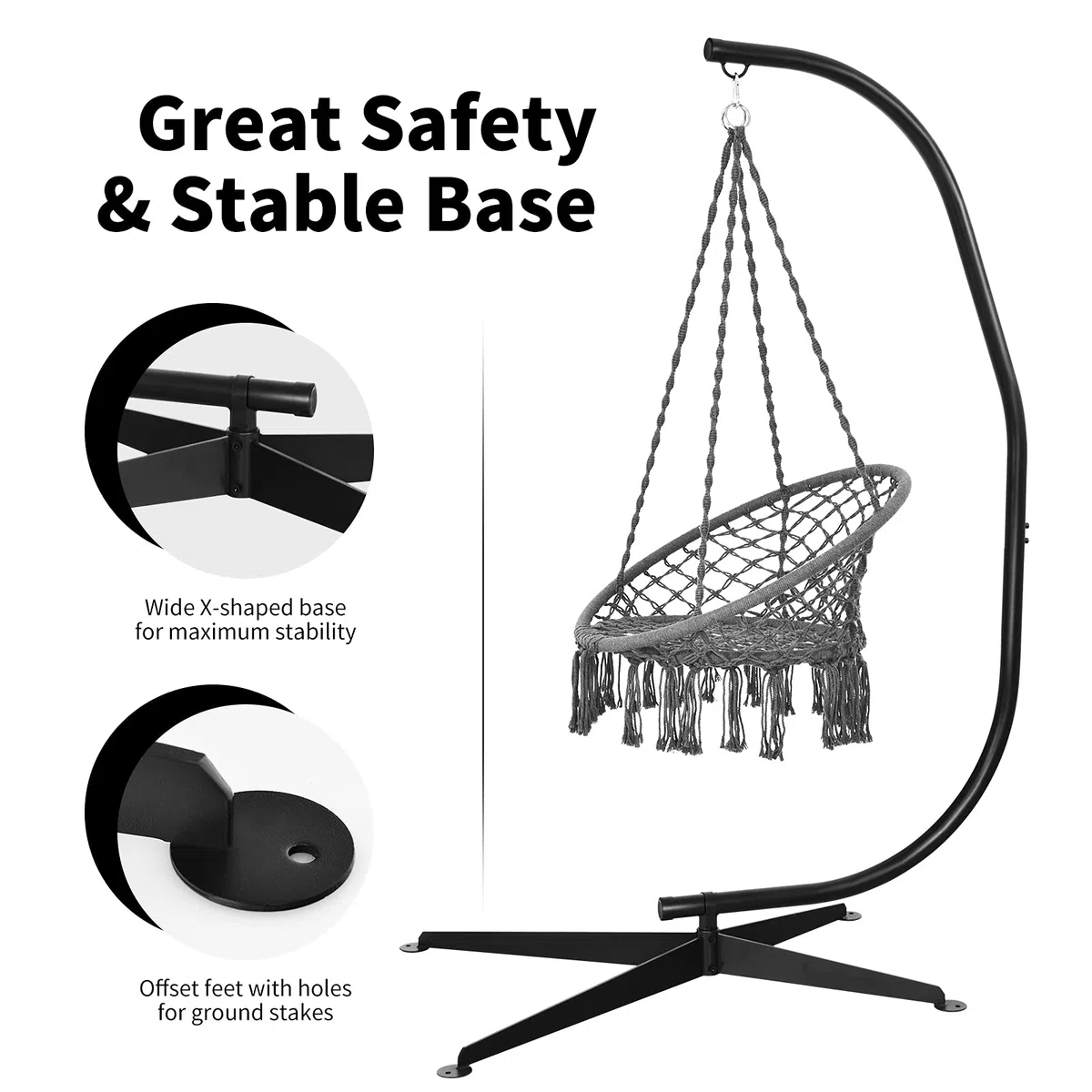 KOMFOTTEU Telaio per amaca, telaio per poltrona sospesa con gancio, supporto stabile e sicuro, carico massimo 150 kg, supporto C per poltrona sospesa in interni, patio, giardino
