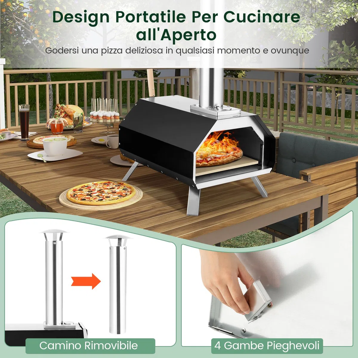 COSTWAY Forno per Pizza da Esterno a Legna con Pala, Pietra e Gambe Pieghevoli, Modello 8