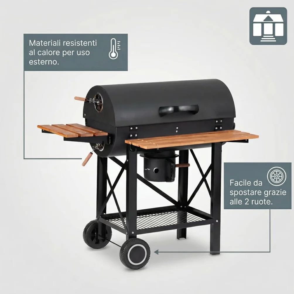 Tarrington House Barbecue a Carbone Louisiana, Acciaio/Legno, Raccoglicenere, Sistema di Ventilazione, Tavolini Laterali, Nero