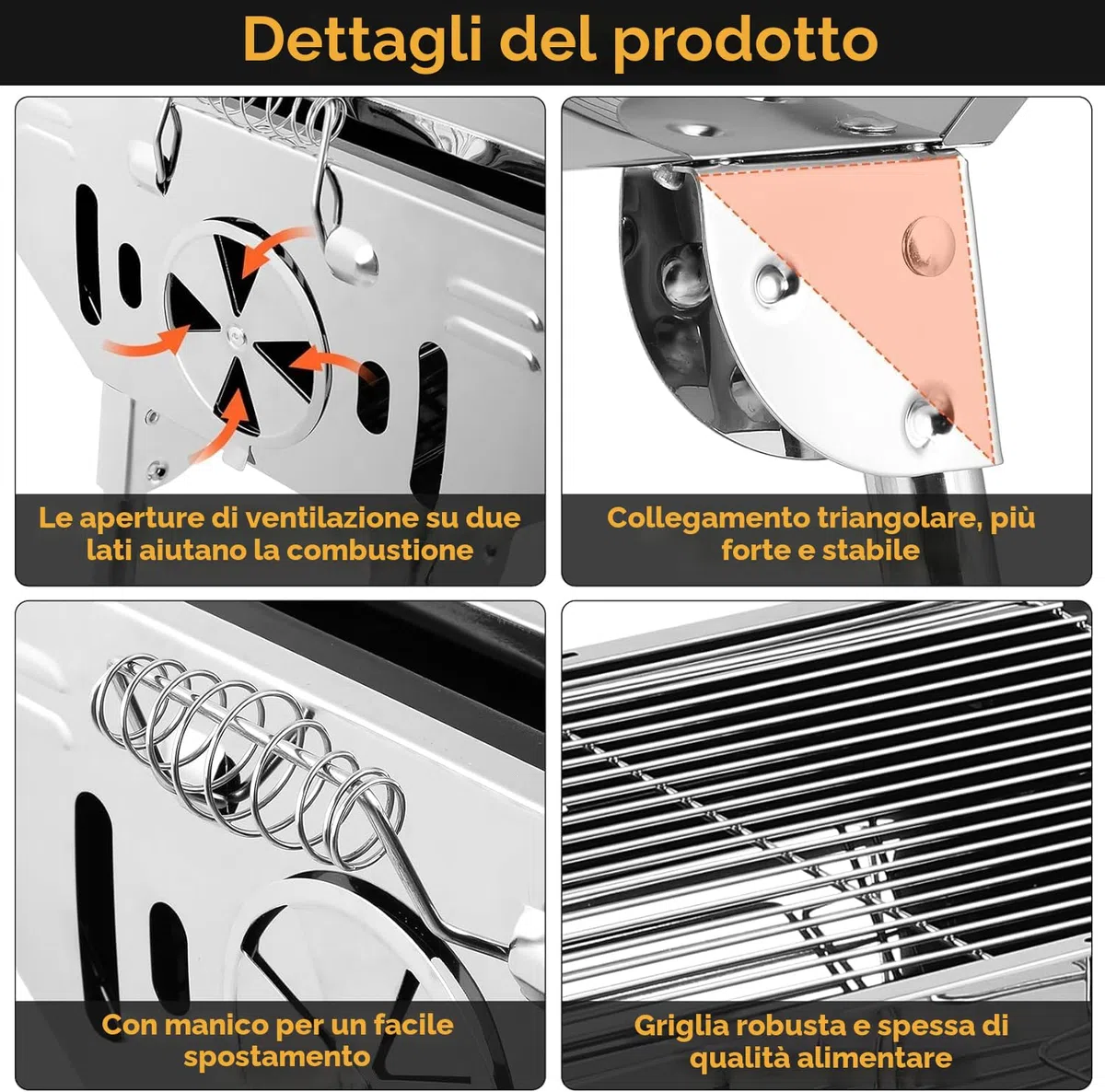 Griglia a Carbone Barbecue a Carbonella XXL, Portatile Pieghevole in Acciaio con Doppie ali, Antiadherente
