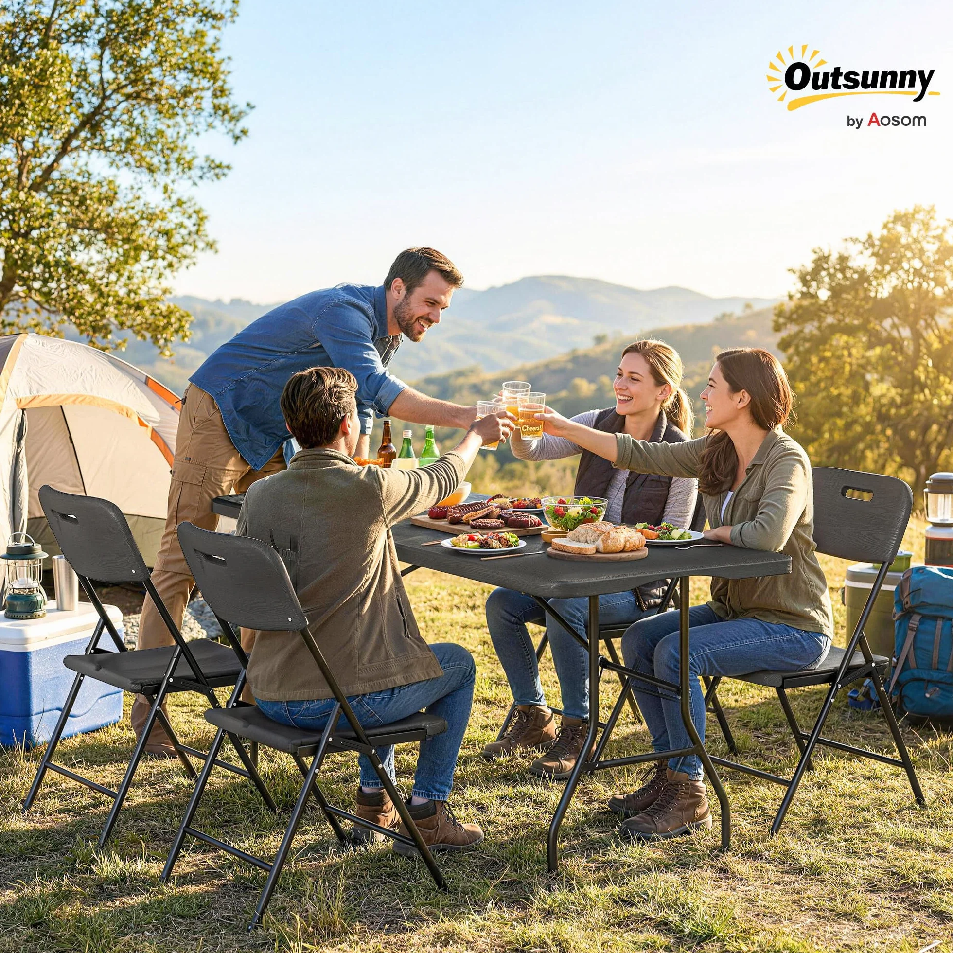 Outsunny Set Tavolo da Campeggio Pieghevole con 4 Sedie, HDPE Metall, Portatile per Picnic Esterno Giardino Nero