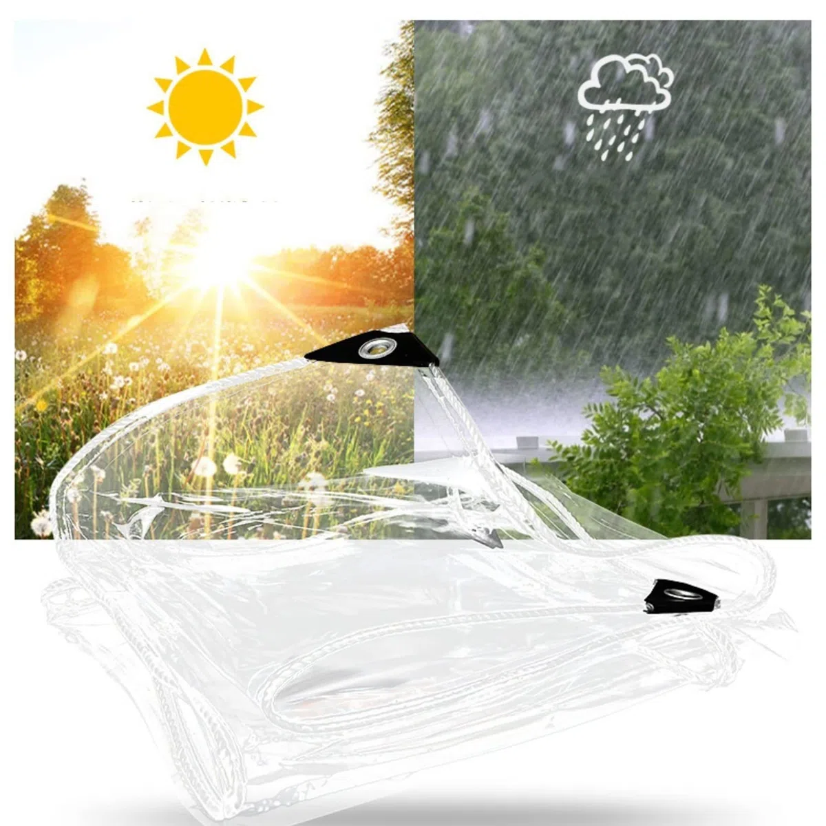 2.4x4m Telo Impermeabile Trasparente Occhiellato, 0.3mm Telone Antipioggia per Esterno, Telo Plastica Antivento per Balcone Giardino Gazebo