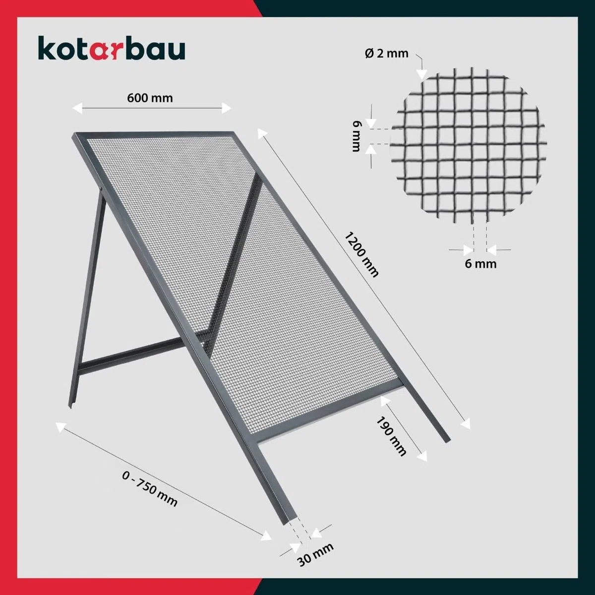 Setaccio da Giardino KOTARBAU 6x6 mm Acciaio 60x120 cm Grigio Supporto Regolabile
