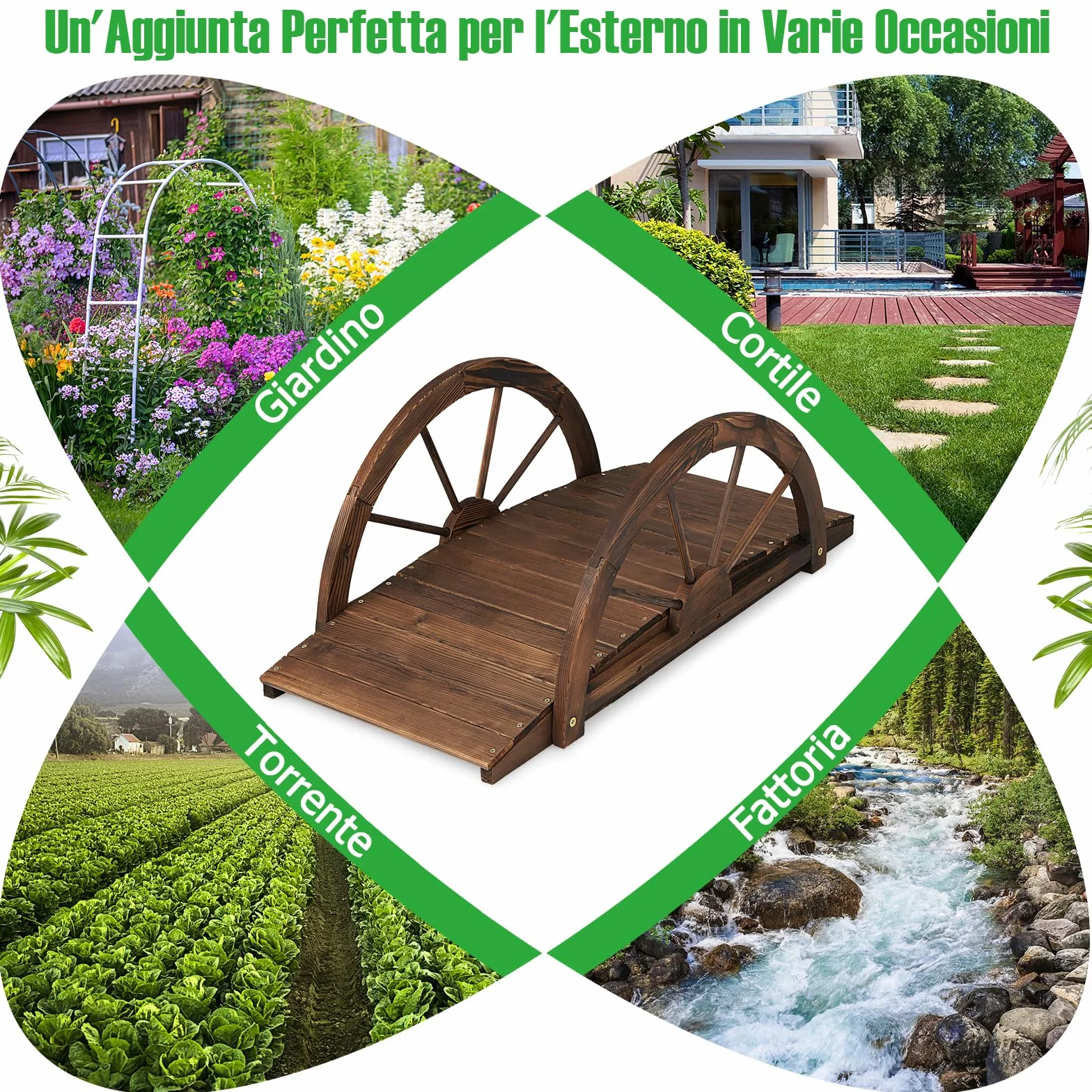 GYMAX Ponte da Giardino in Legno, con Ringhiera di Sicurezza a Forma di Ruota Finitura Tinta, da Esterno per Cortile Giardino Torrente Fattoria, 101,5 x 48,5 x 38 cm