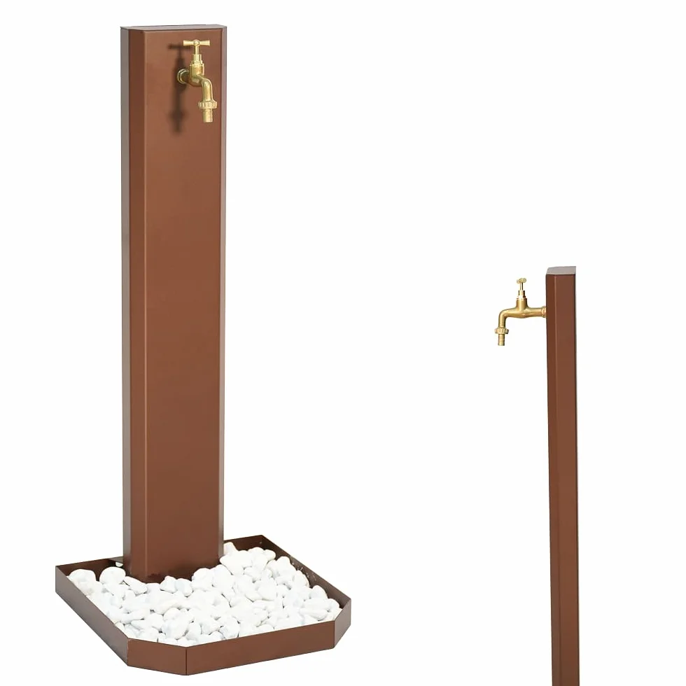Fontana da giardino, per esterno. Fontanella a colonna moderna, colore effetto Corten, in acciaio. Rubinetto in ottone, flessibile, raccordo e ciottoli Compresi. Altezza 1mt