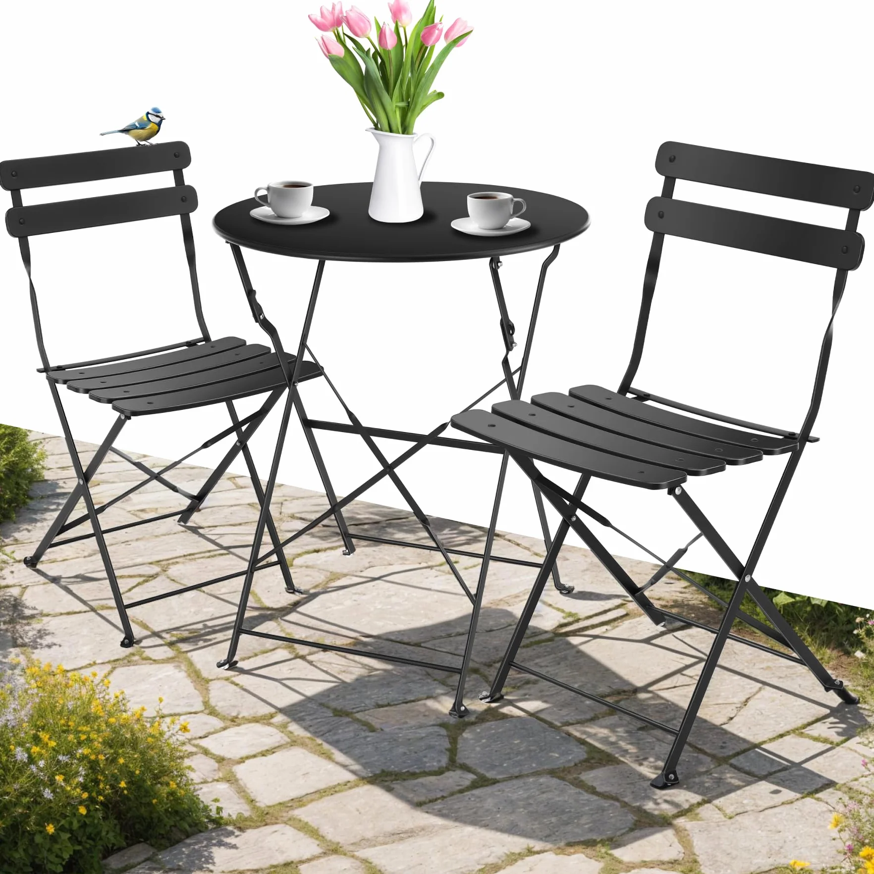 Tectake Set Bistrot Pieghevole per 2 Persone Telaio Acciaio Tavolo e Sedie Giardino Nero