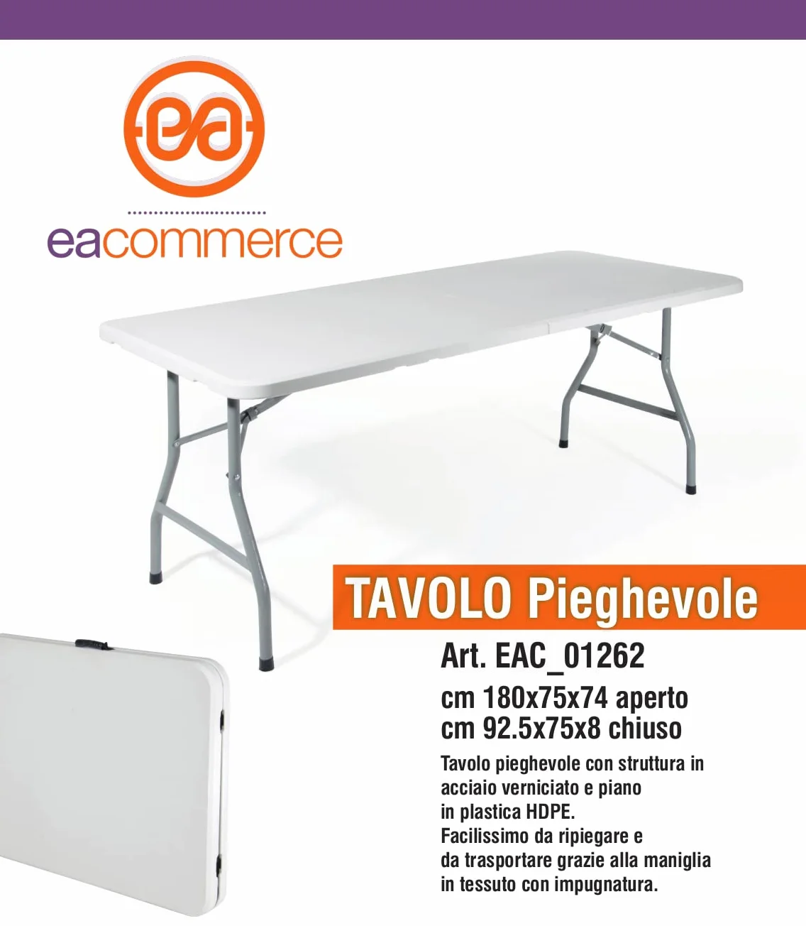 Tavolo Pieghevole Richiudibile 180x75x72 cm Bianco per Feste Sagre Fiere Giardino Campeggio