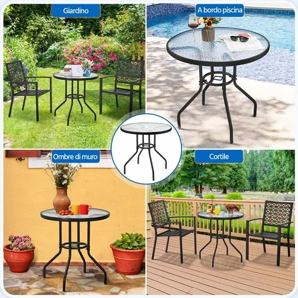 Yaheetech Tavolo da Giardino Rotondo in Vetro Diametro 70 cm con Foro Ombrellone Altezza 73 cm Nero