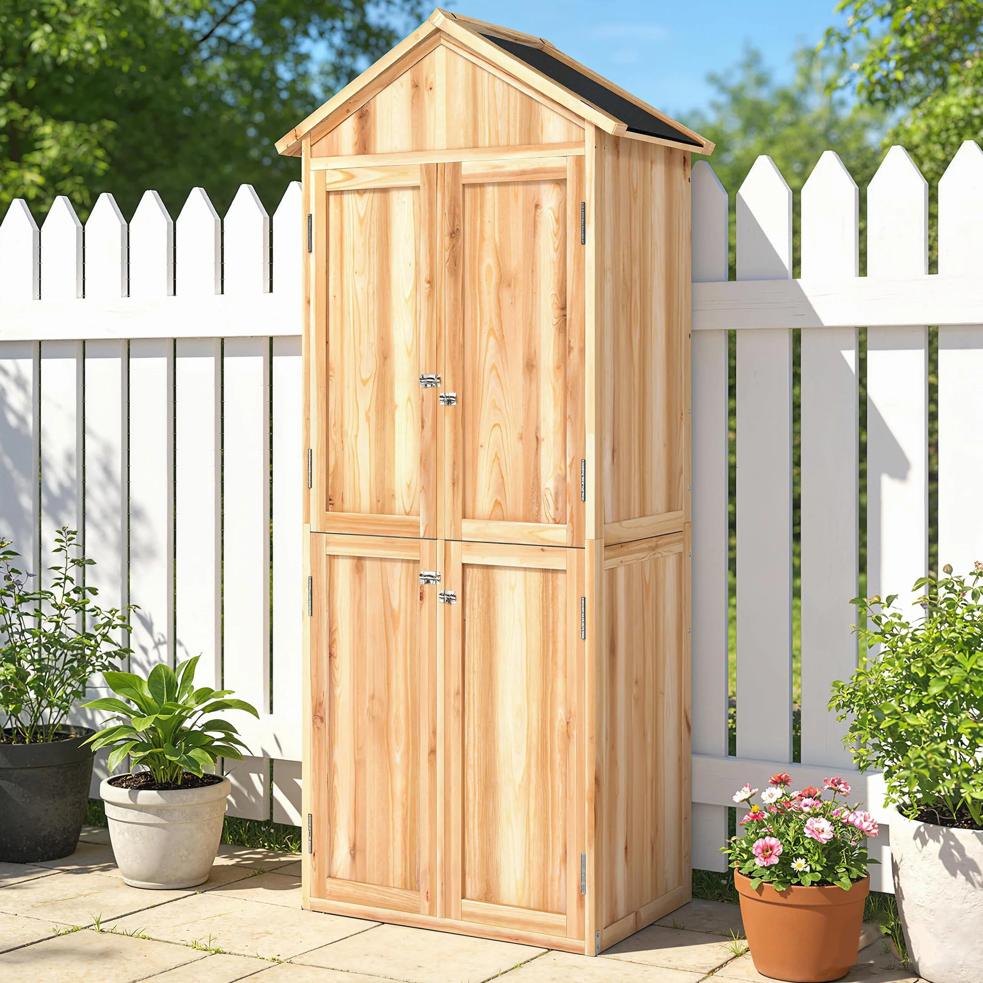Outsunny Armadio da Giardino in Legno di Abete con Kit Antiribaltamento Casetta Porta Attrezzi da Esterno con Ripiani Rimovibili 4 Ante Bloccabili Tetto in Asfalto Inclinato 82x50x190 cm Color Legno