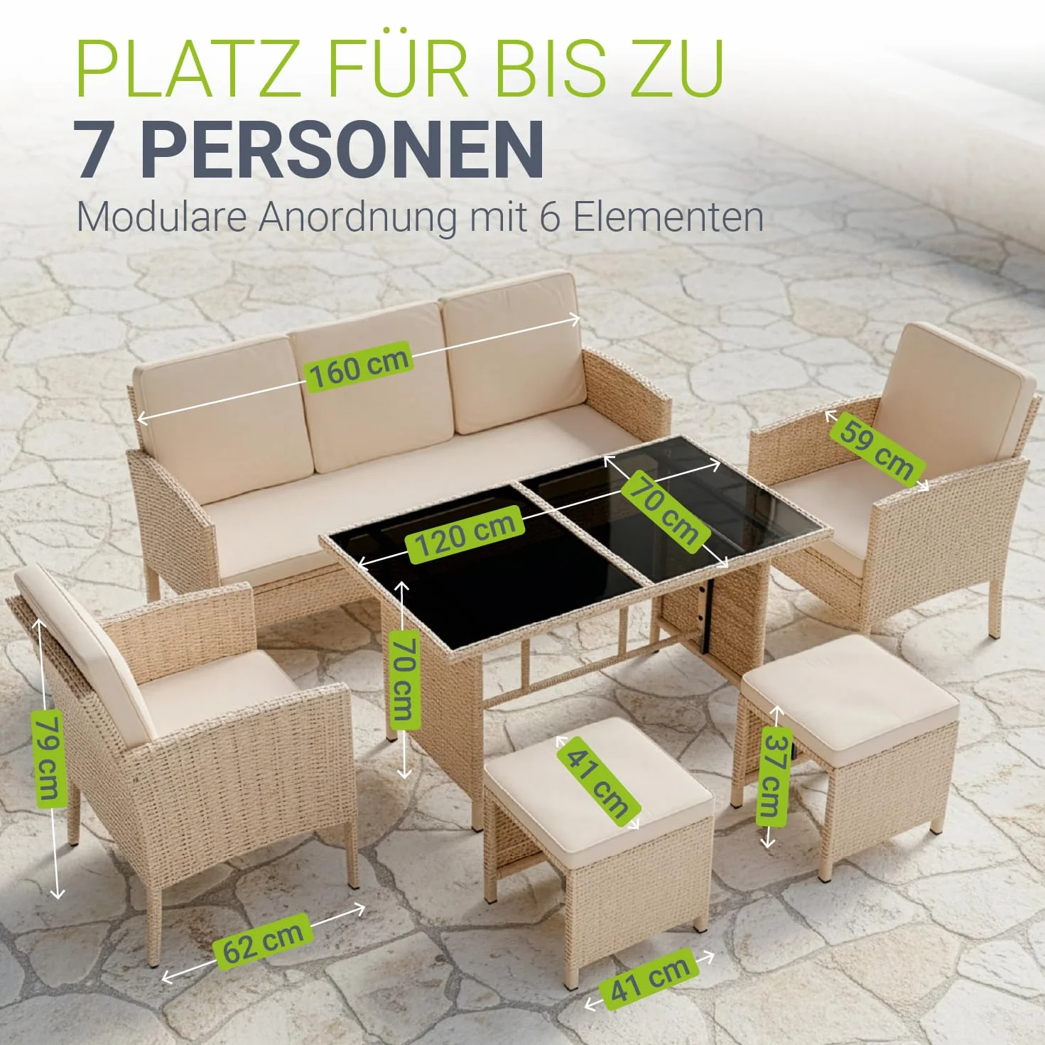 Juskys Salotto da Giardino Rattan Torino Set 6 pezzi 7 persone Crema