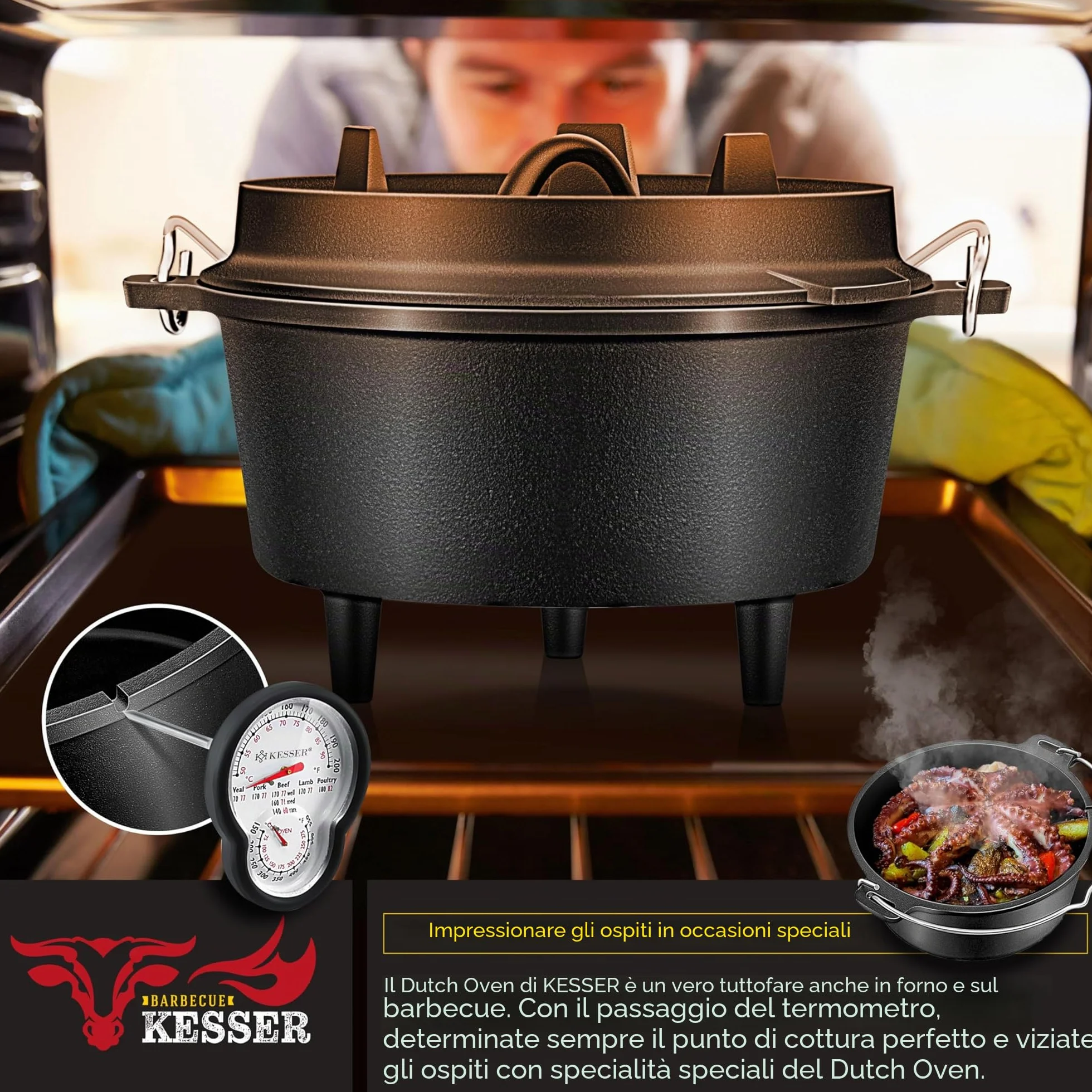 KESSER® Set forno olandese, Casseruola per barbecue, pentola in ghisa con manico per sollevare il coperchio e fessura per termometro, per barbecue, pentola per gulasch, uso esterno e interno