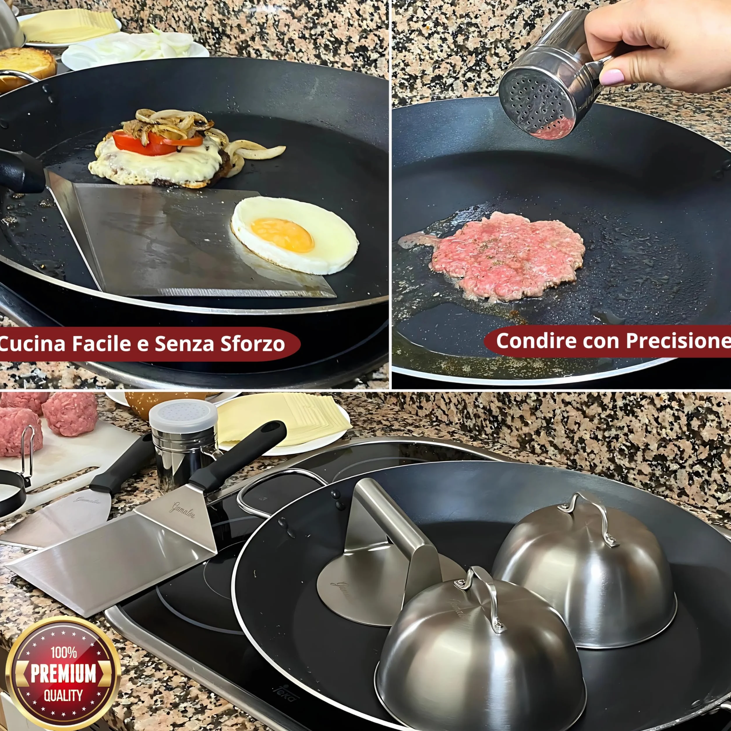 Smash Burger Kit Professionale in Acciaio Inox: Pressa Hamburger, Spatola 13 cm, Raschietto 10 cm, 2 Cloche, Anelli Uovo e Spargispezie per Griglia, Piastra, Padella – Certificato EU