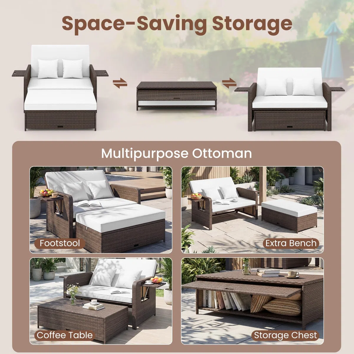GIANTEX Divano da Giardino in Rattan con Poggiapiedi, Doppio Divano da Esterno con Schienale Regolabile, Mobili da Giardino per Terrazza, Balcone, Cortile (Misto Marrone+Bianco)