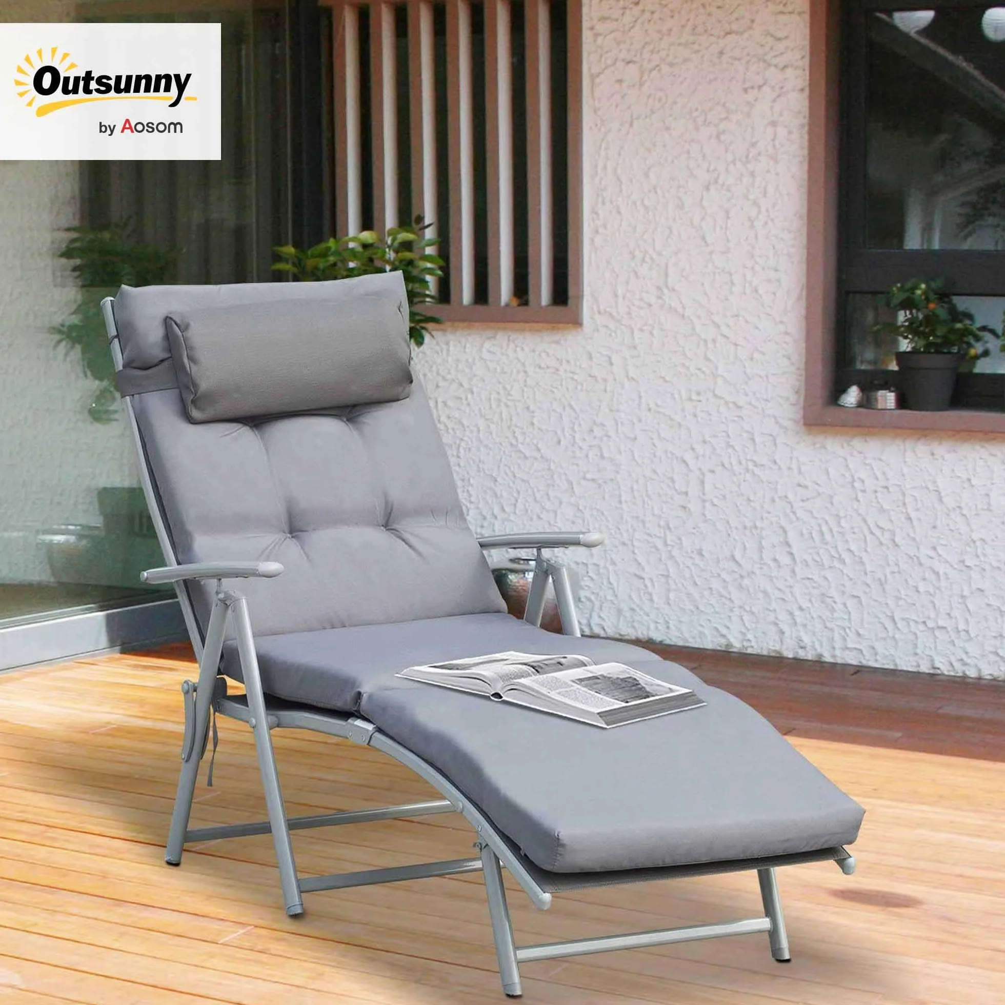 Outsunny Sdraio da Giardino Pieghevole 137x63.5x100.5cm Grigio con Materassino e Cuscino