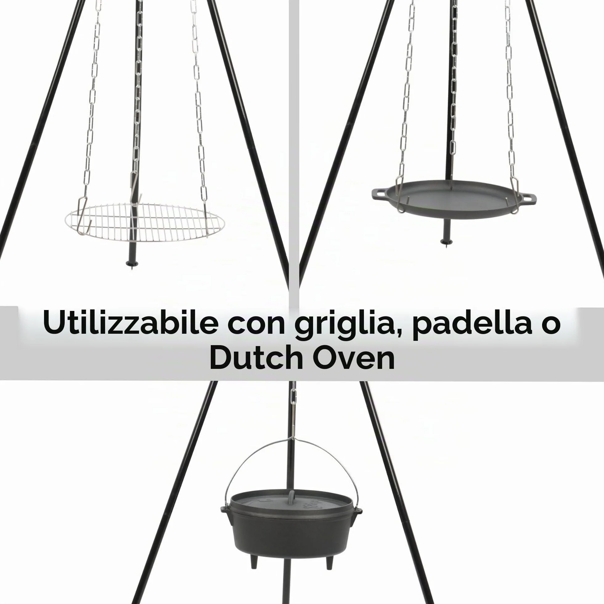 BBQ-Toro Dutch Oven Kit a 6 pezzi in scatola di legno, ghisa, bruciato in, pentola, padella, griglia, treppiede e altro ancora
