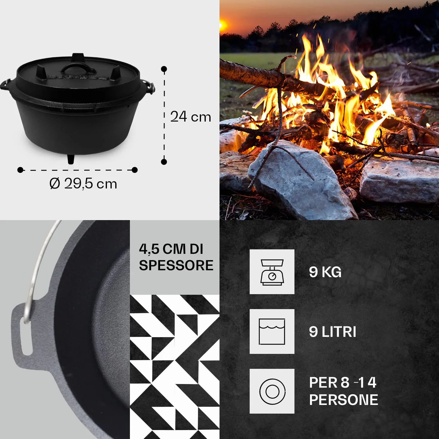 Griglia Dutch Oven in ghisa | Pentola in ghisa già rodata | Dutch oven di massima qualità con sollevatore coperchio | con e senza gambe, Ghisa, nero, 12er - 9.0qt - Füße