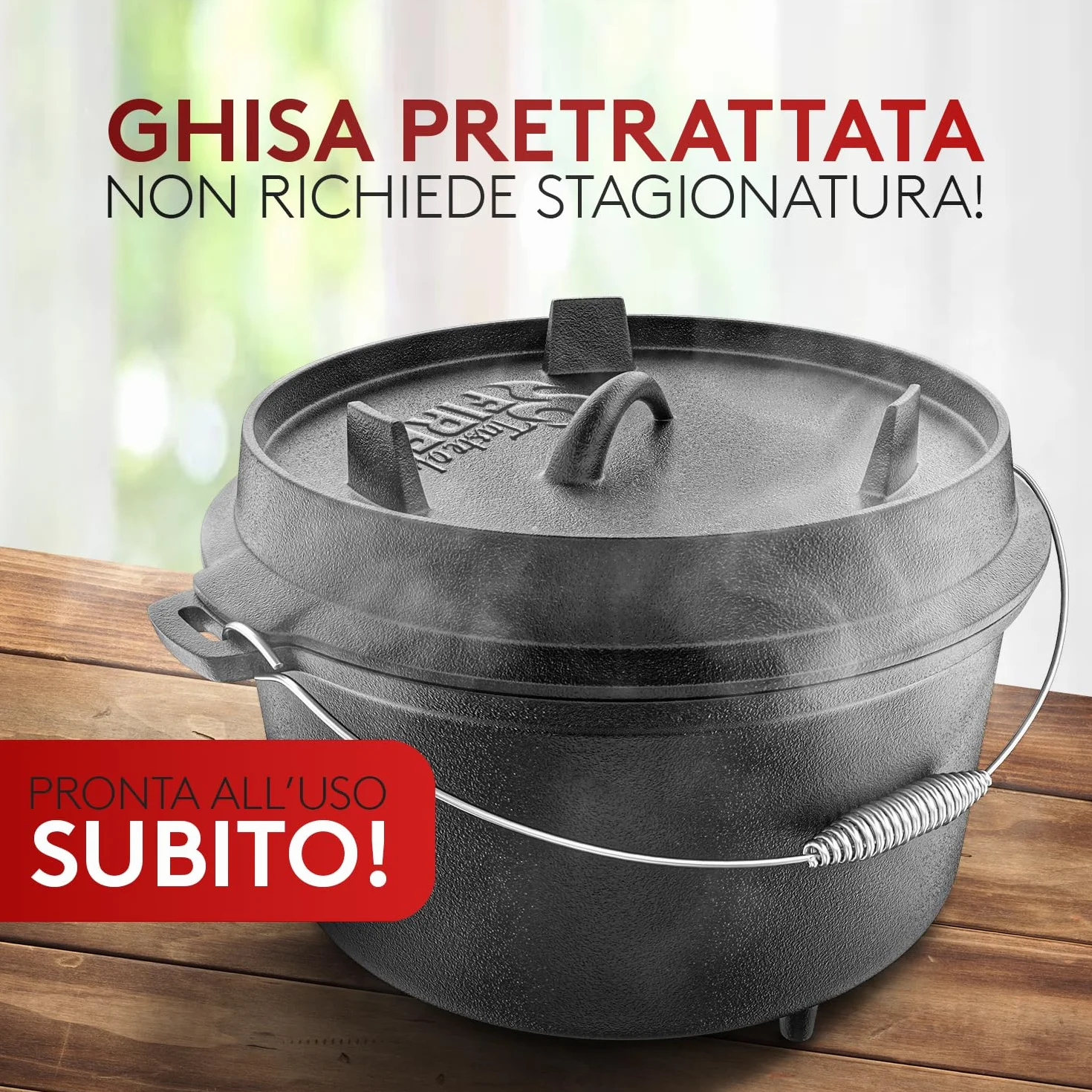 Taste of Fire [L'Originale] - Set Pentola Olandese in Ghisa da 7,4 Litri con Piedini & Coperchio da 1,8 Litri a Doppia Funzione Utilizzabile come Griglia – Include Solleva Coperchio