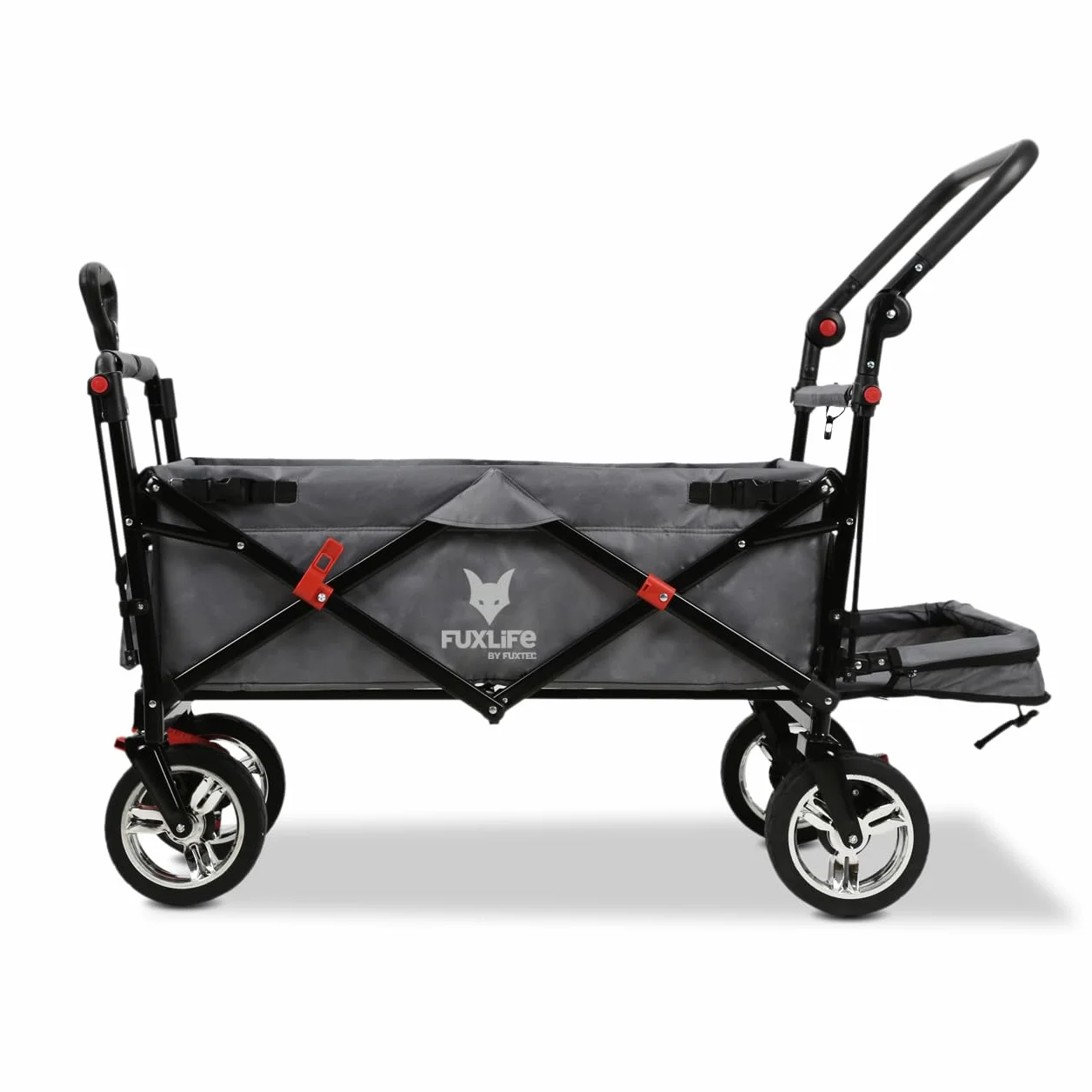 FUXLIFE Carrello Pieghevole FX-CT800 Grigio • Bollerwagen richiudibile con spazio extra per le gambe • Tettuccio parasole e ruote larghe • Volume 105 L e portata 75 kg