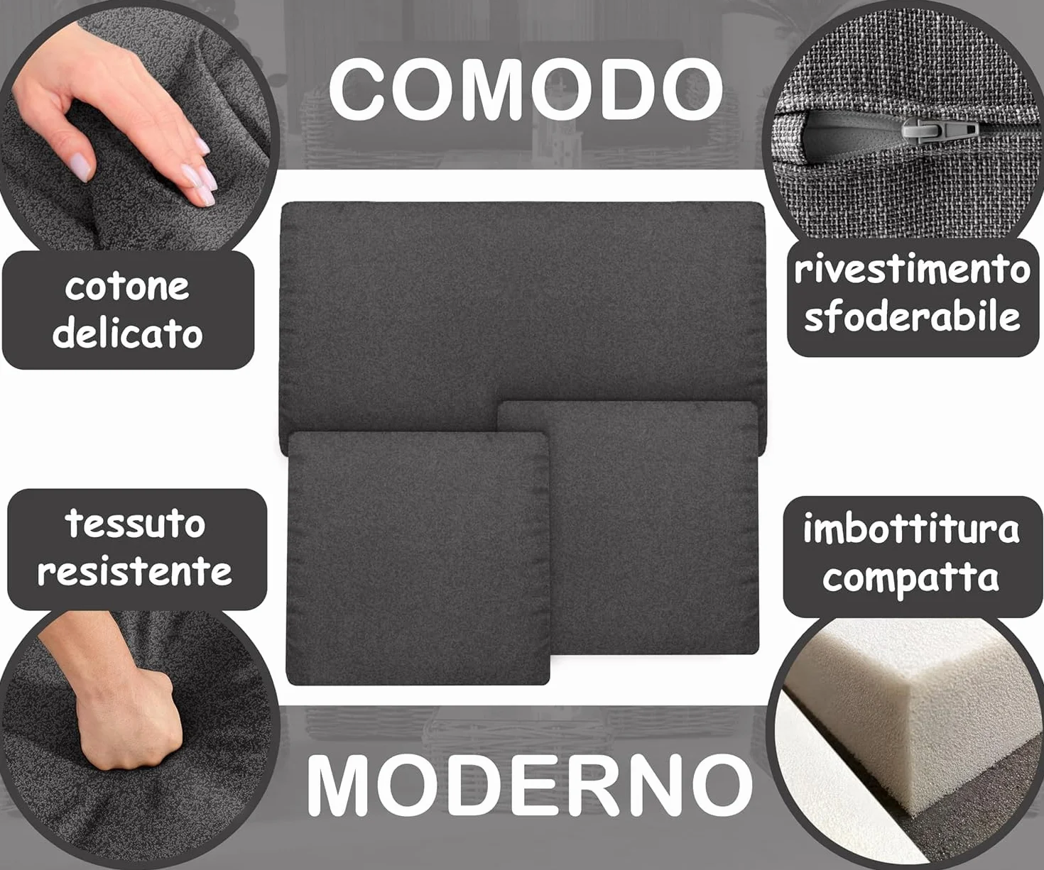 HAND Tris di Cuscini da Esterno Sfoderabili per Poltrone e Divanetto, Cuscini Esterno Giardino Set da 3 PZ, per Poltrona, Salotto, SALOTTINO, Rattan/MIDOLLINO in Cotone, Made in Italy (Antracite)