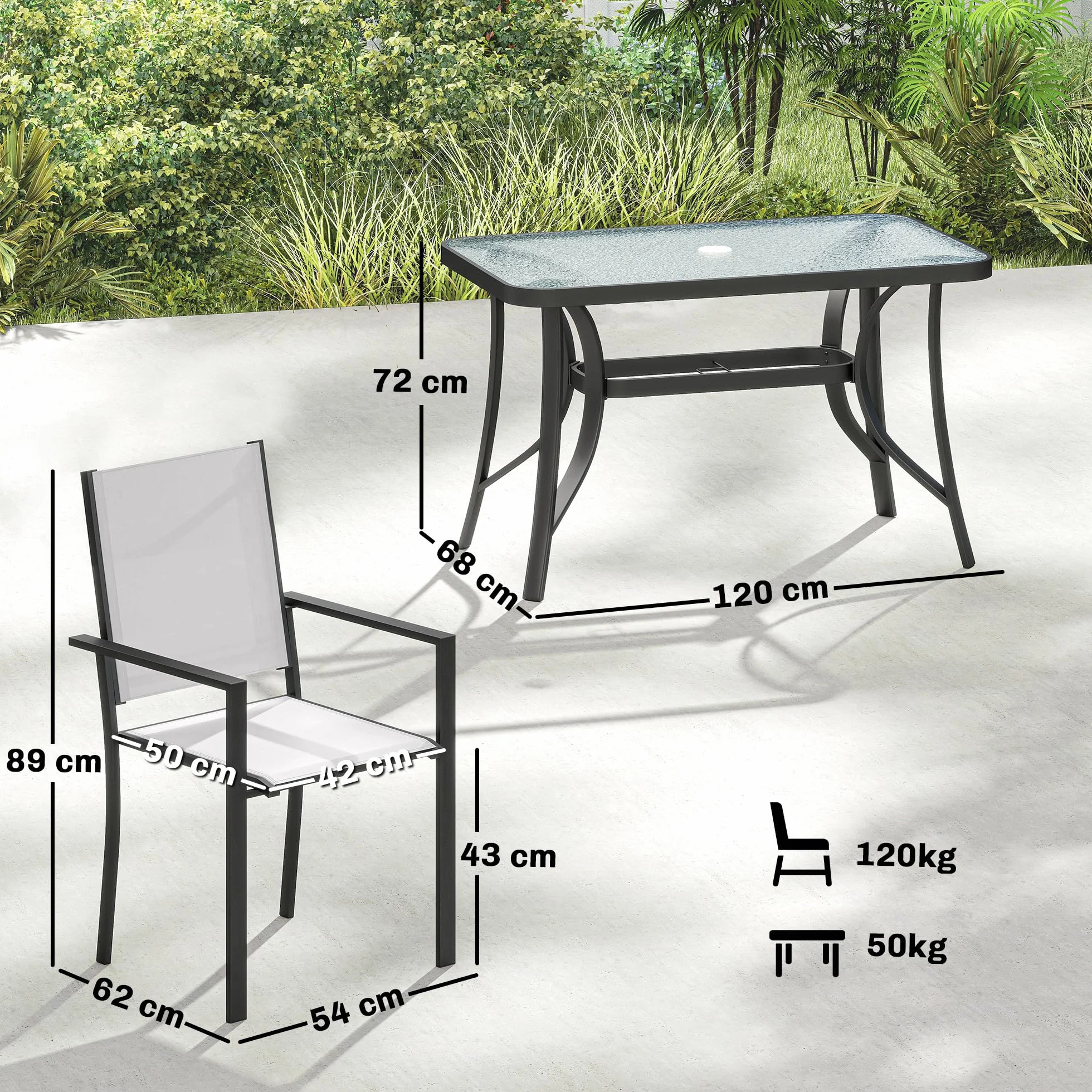 Outsunny Set Tavolo e Sedie da Giardino 5 Pezzi, Set Pranzo Esterno con 4 Sedie Impilabili Texteline, Tavolo Vetro Temperato, Foro Ombrellone, Acciaio, Grigio Chiaro
