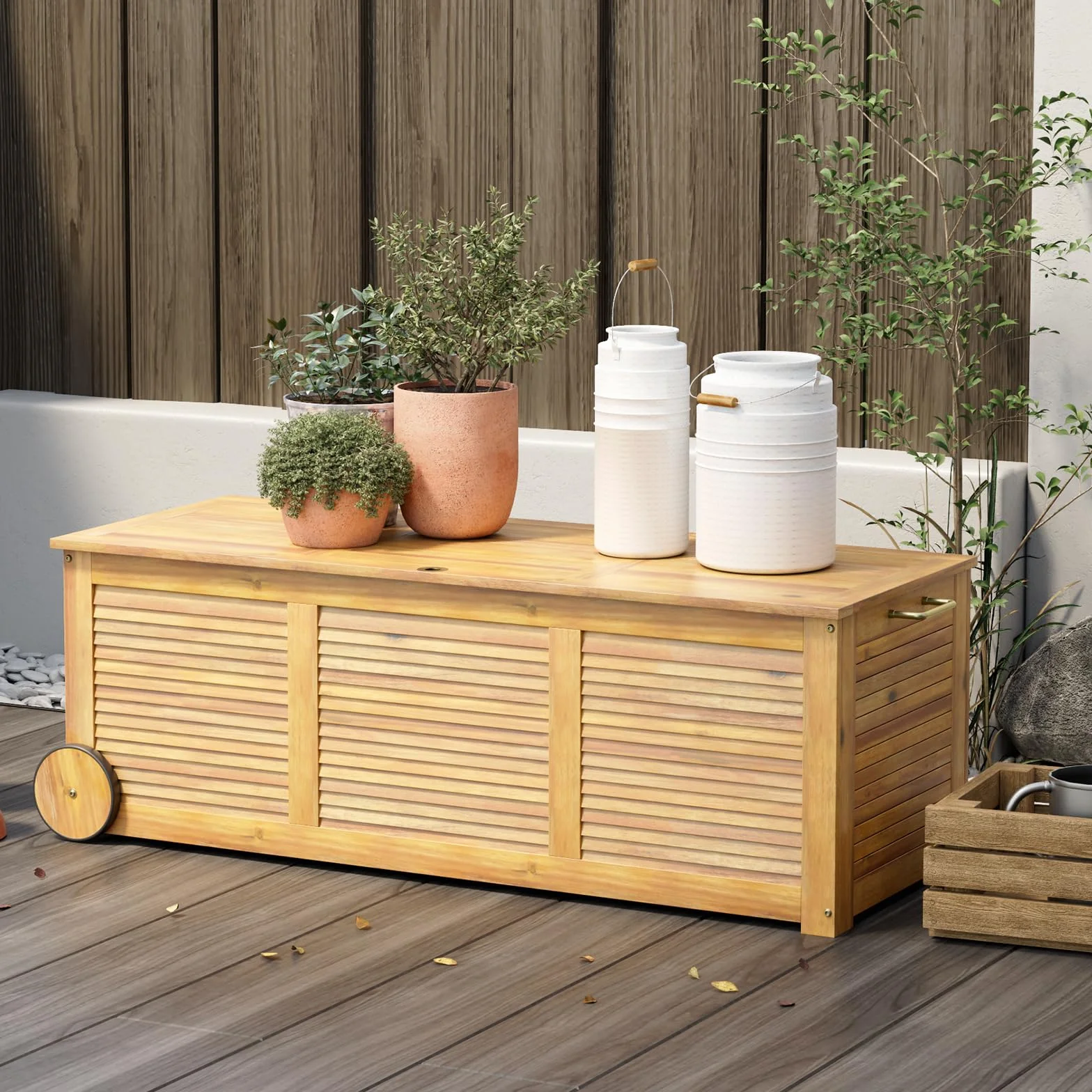 KOMFOTTEU Baule da Giardino 182 L con Ruote e Maniglie, Contenitore da Esterno con Borsa Interna Resistente all'Acqua, Cassapanca Contenitore da Interno in Legno di Acacia, 127 x 50 x 45 cm