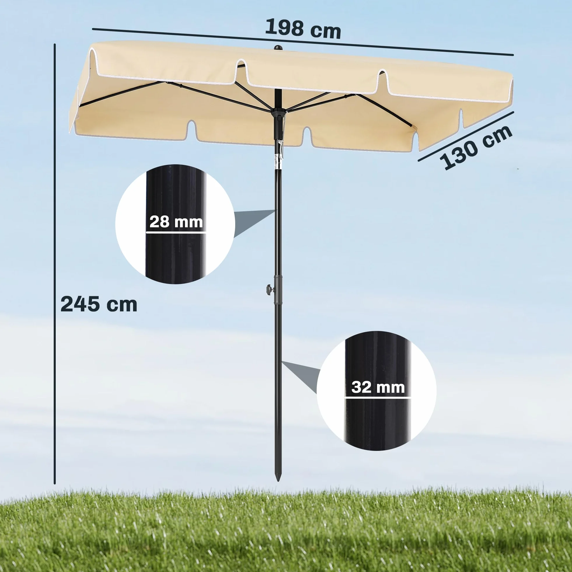 Outsunny Ombrellone da Giardino 2x1,3m Inclinabile con Bordi Arruffati, 4 Stecche in Alluminio e Poliestere 160g/m²