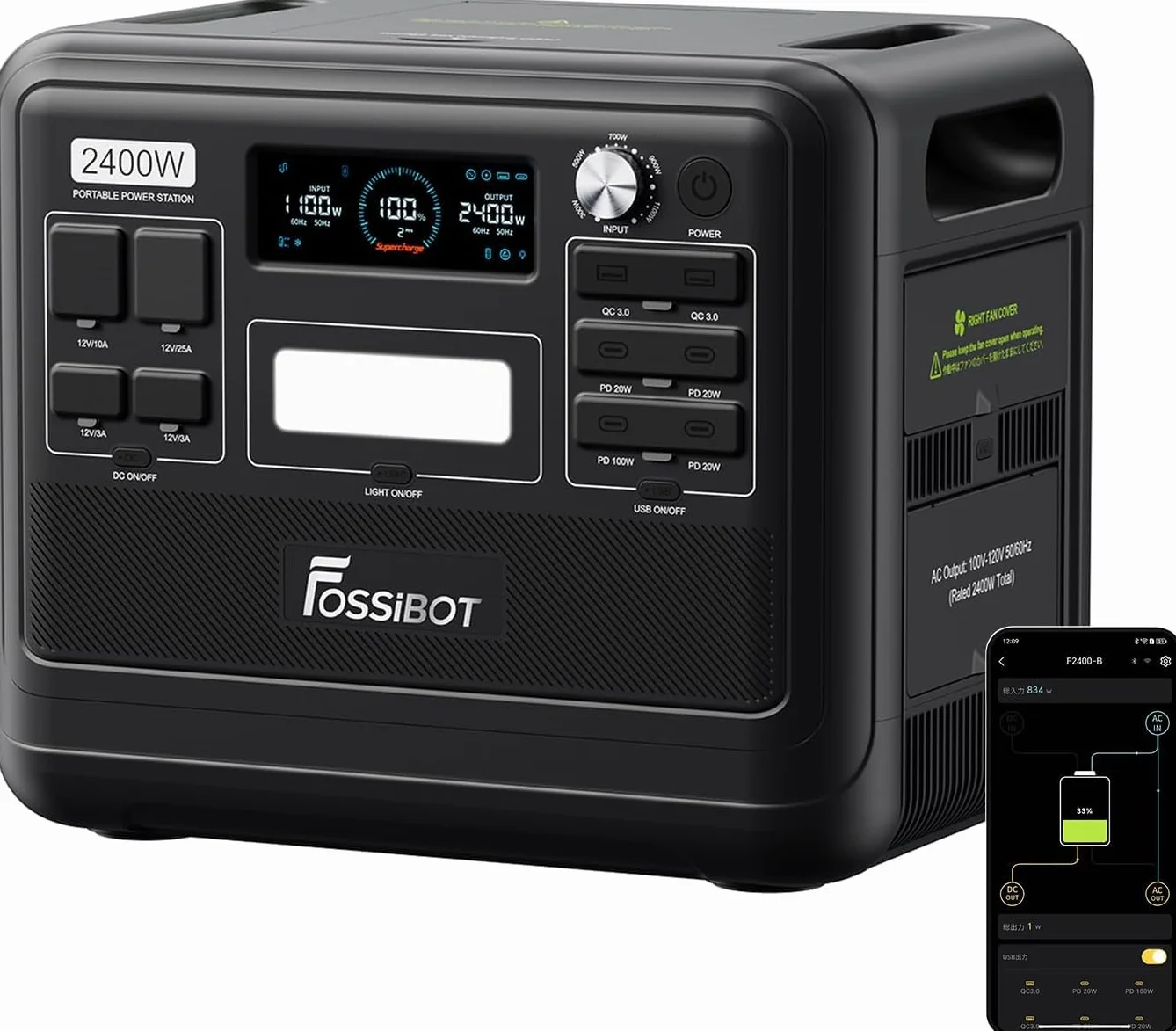 FOSSIBOT F2400 Centrale Elettrica Portatile con Batteria LFP da 2048Wh, CA 2400W Power station, Generatore Solare Controllo tramite app cellulare, adatta per Camper e Viaggi All'aperto
