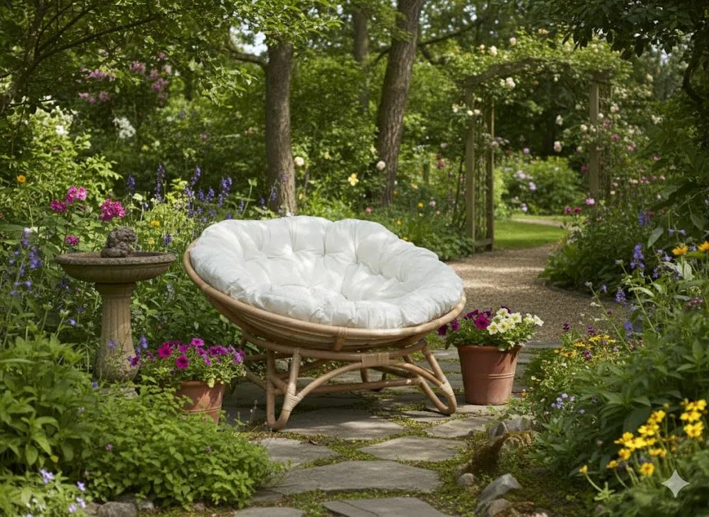 Poltrona in rattan naturale Papasan Ø 115 con cuscino, rotonda per esterno giardino veranda