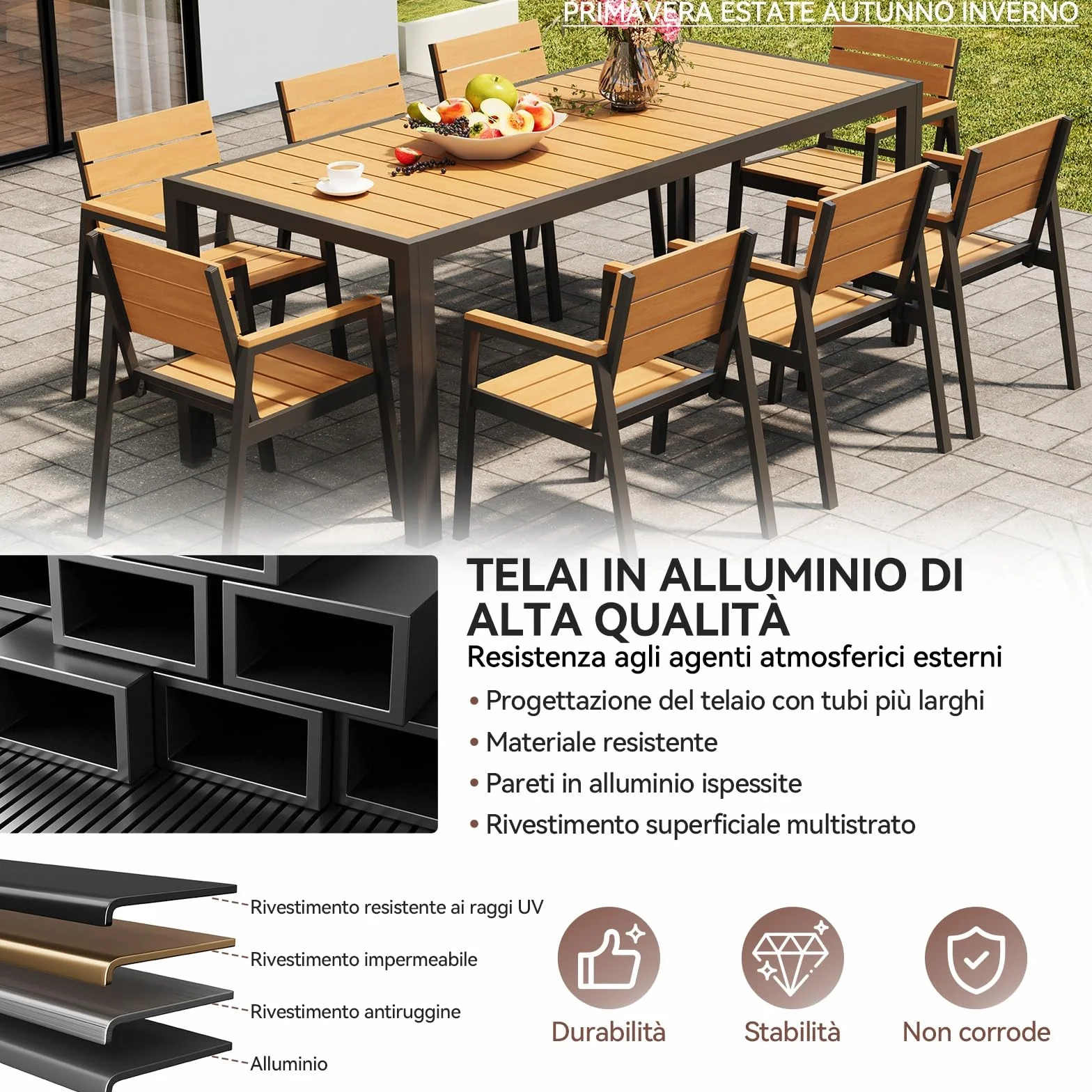 Devoko HDPS Set Tavolo e Sedie da Giardino 9 Pezzi Alluminio Finitura Vena di Legno 189 cm Naturale